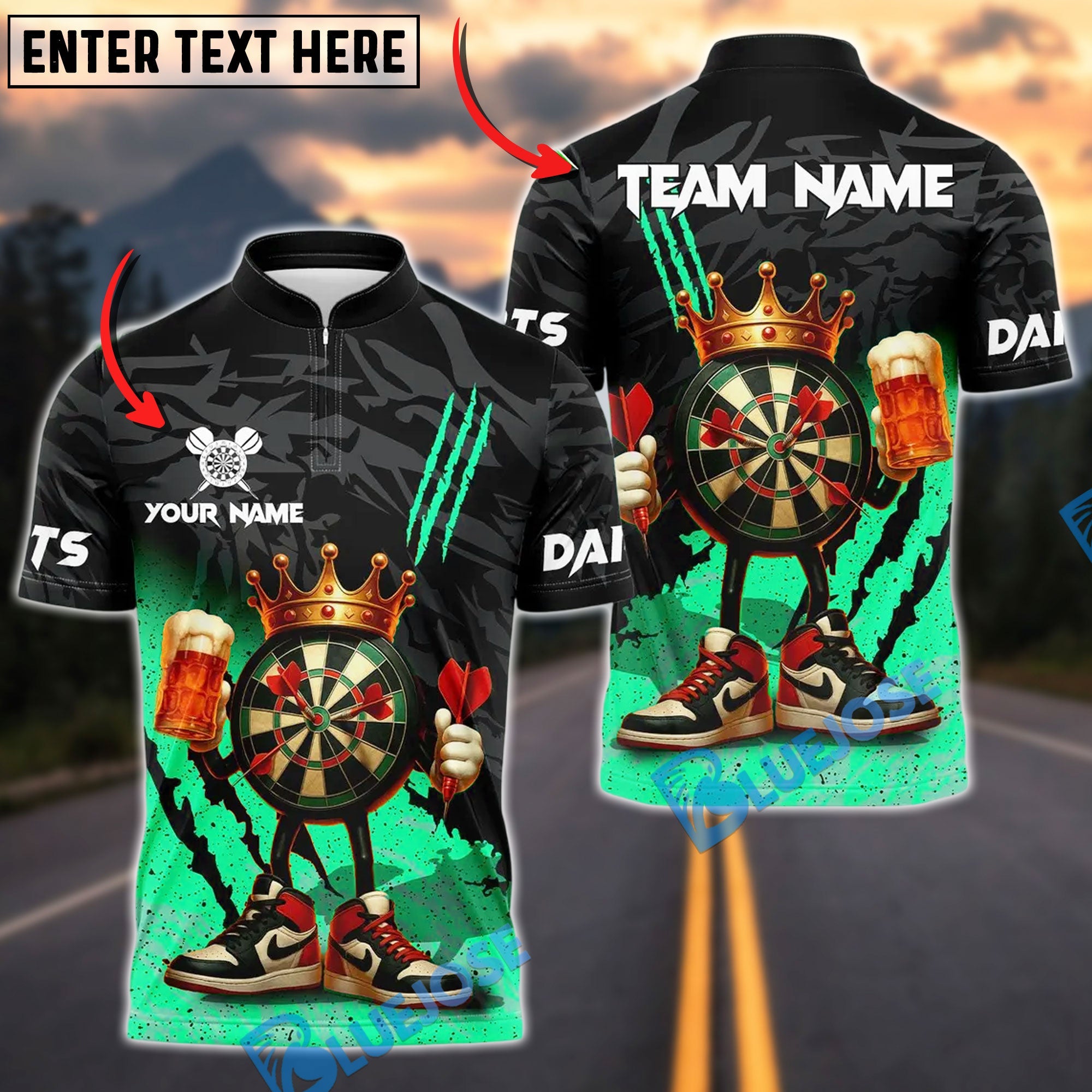 BlueJose Darts King DartBoard With Beer Design Customized Name, Team Name 3D Shirt (4 Colors)