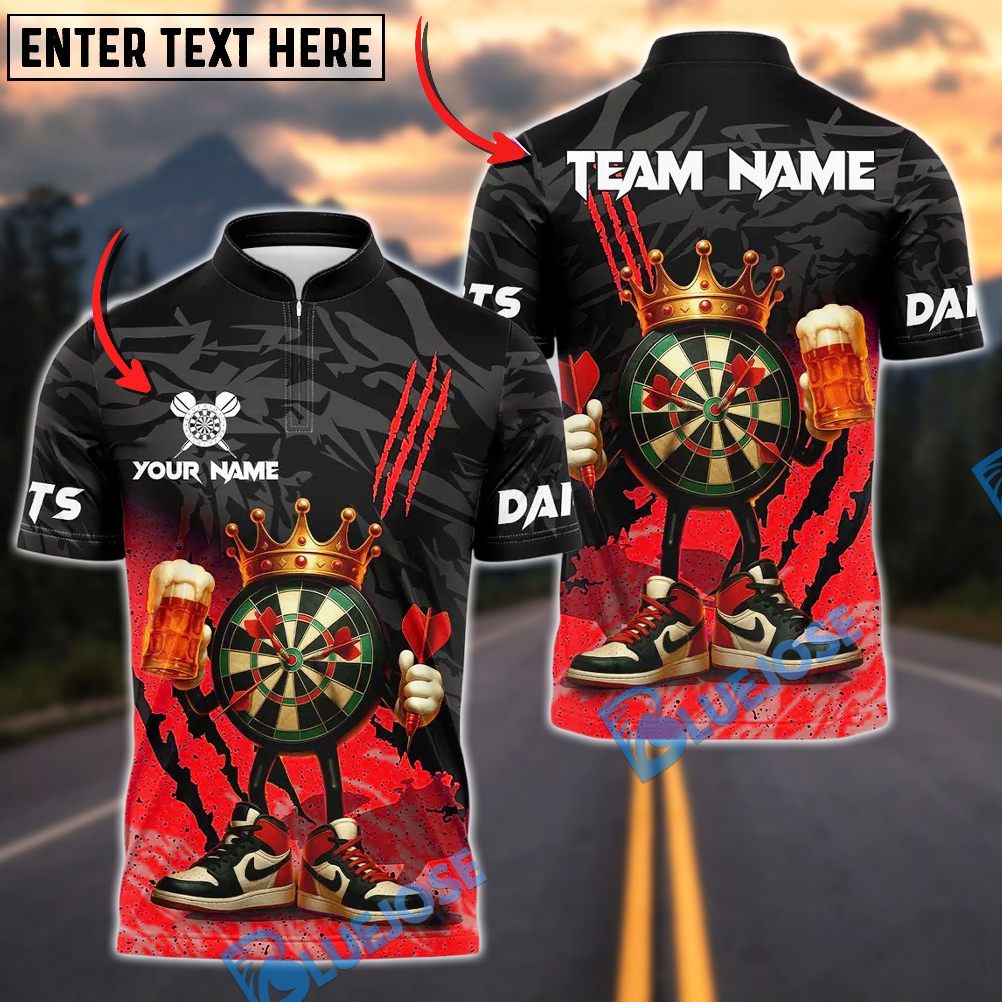 BlueJose Darts King DartBoard With Beer Design Customized Name, Team Name 3D Shirt (4 Colors)
