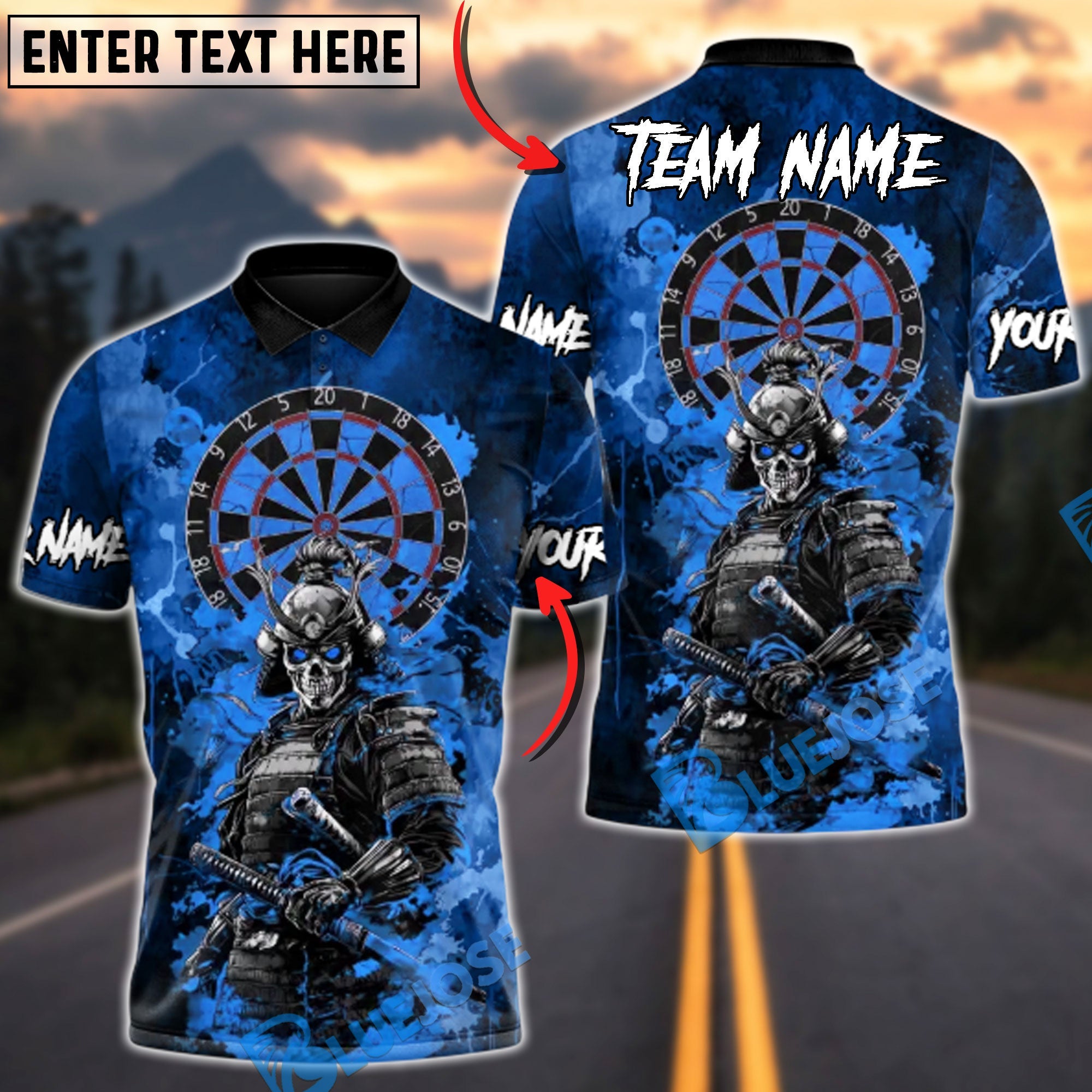 BlueJose Darts Skull Samurai of the Scarlet Board Multicolor Options Personalized Name Shirt (4 Colors)