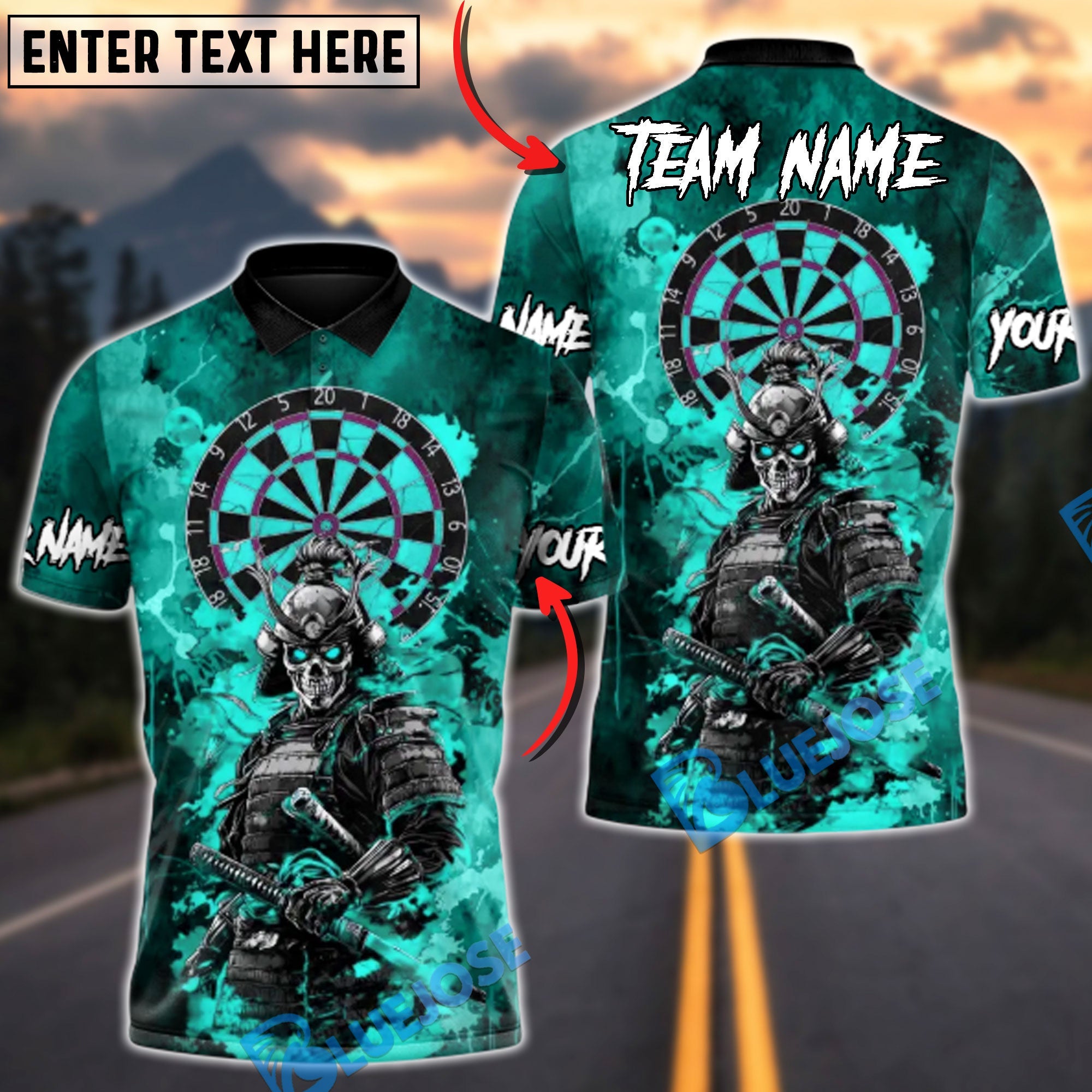BlueJose Darts Skull Samurai of the Scarlet Board Multicolor Options Personalized Name Shirt (4 Colors)