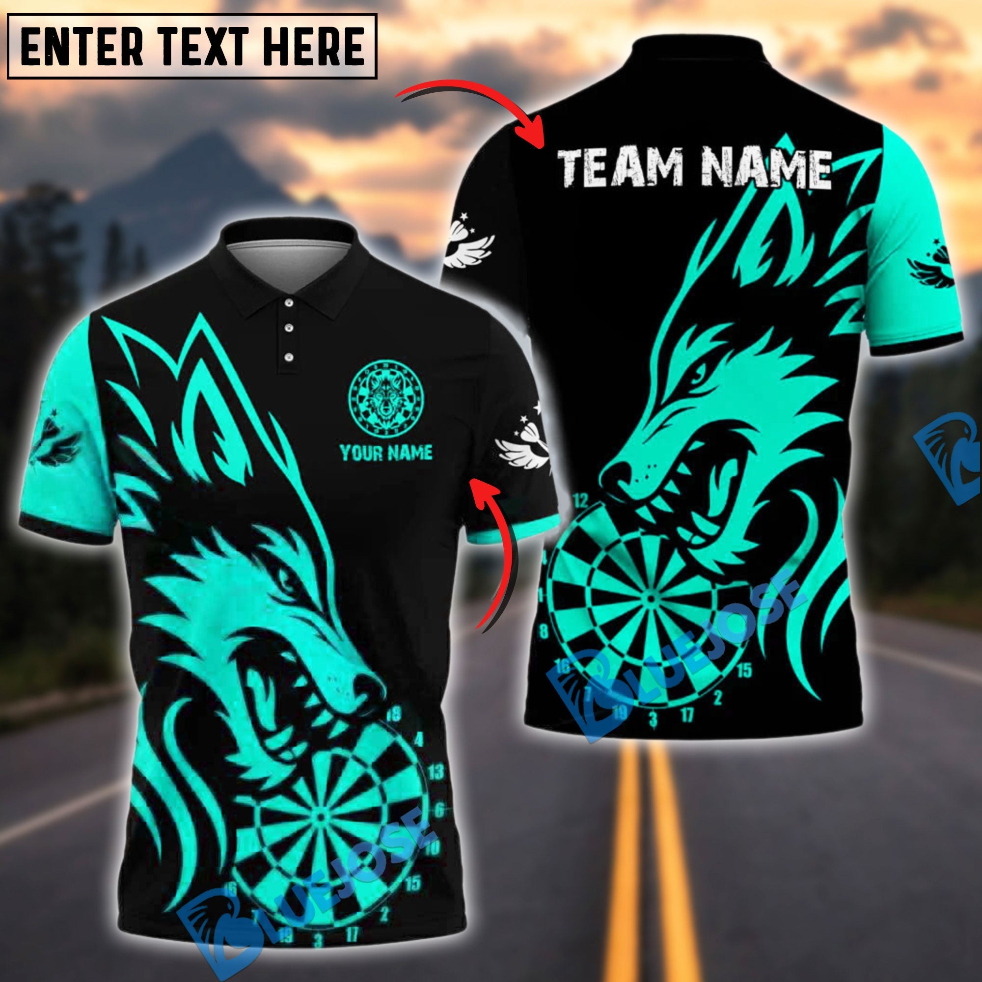BlueJose Darts Wild Wolf Bold Style Personalized Name, Team Name Shirt (4 Colors)