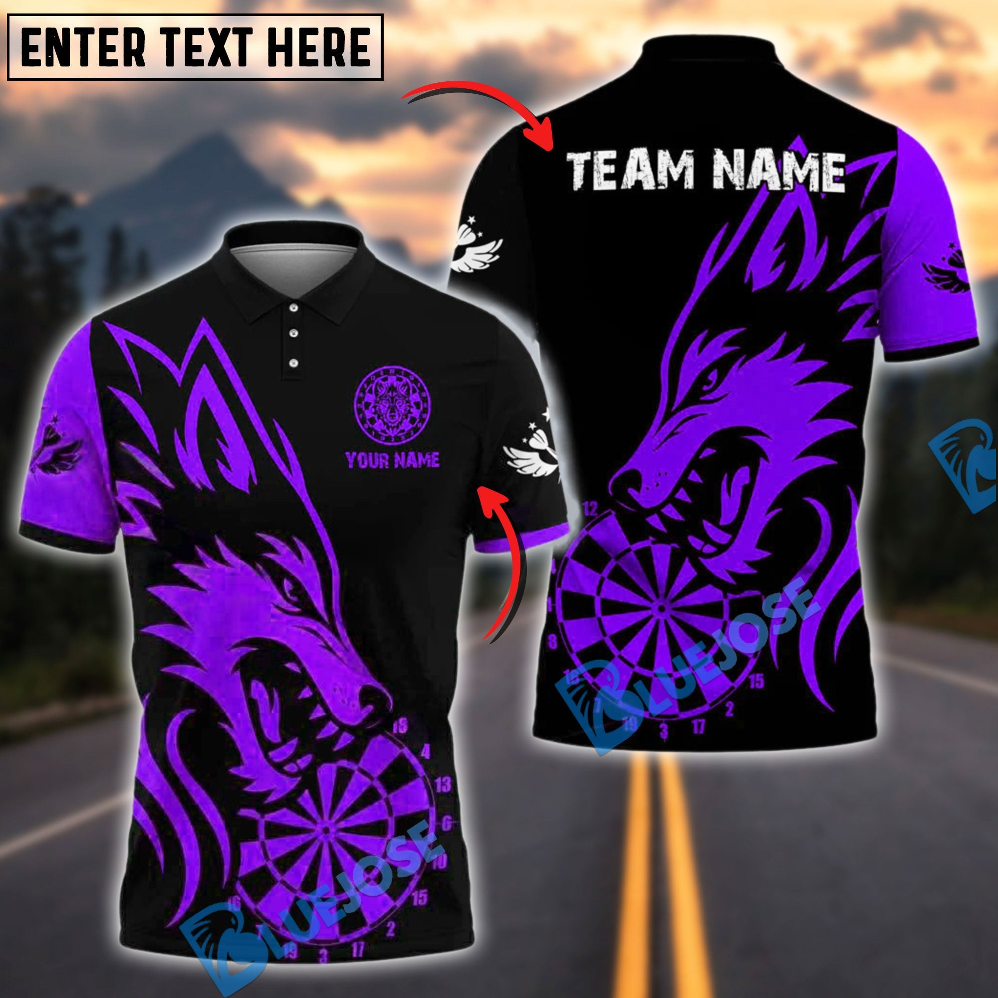 BlueJose Darts Wild Wolf Bold Style Personalized Name, Team Name Shirt (4 Colors)