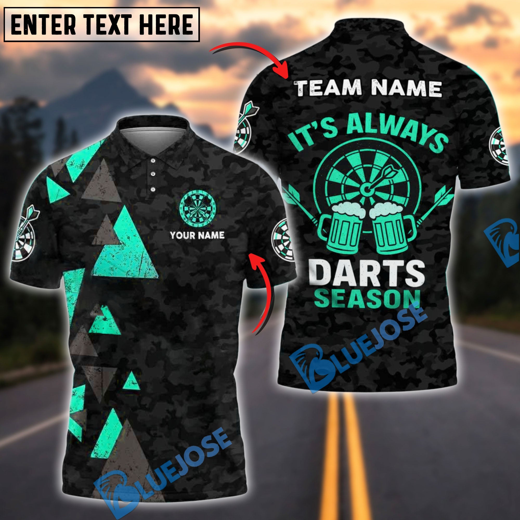 BlueJose Darts Beer Time Camo Style Personalized Name, Team Name Shirt (4 Colors)