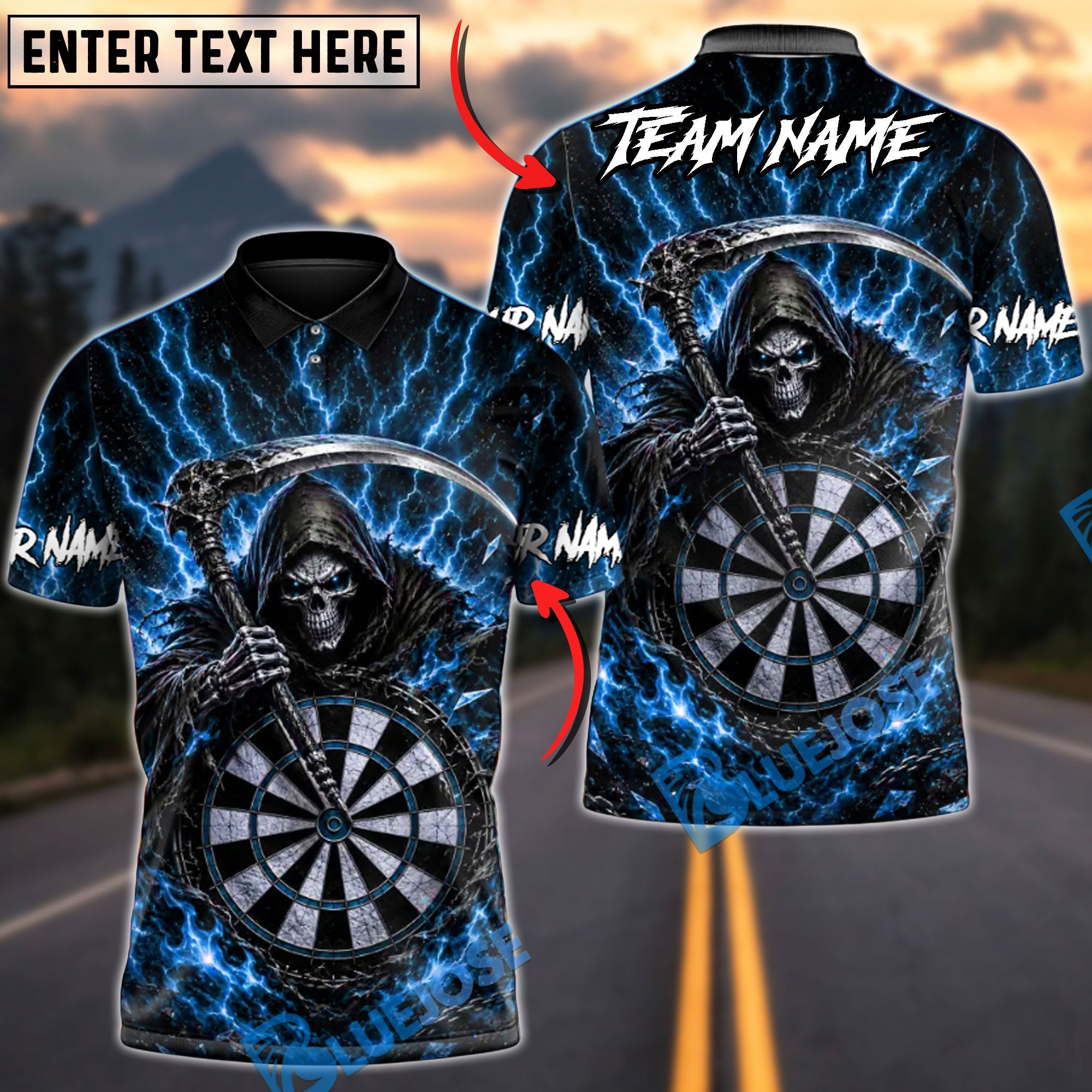 BlueJose Darts Dark Gothic Skeleton Scythe Personalized Name, Team Name Unisex Shirt (4 Colors)