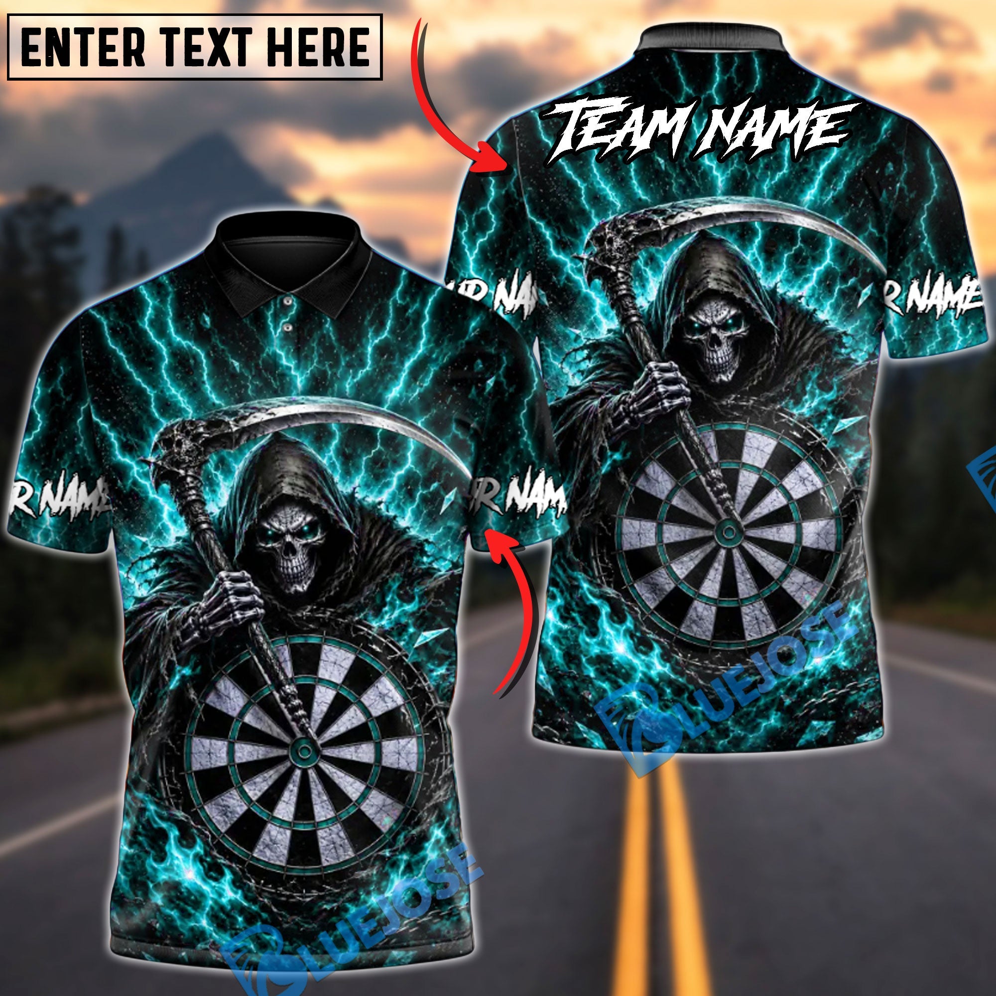 BlueJose Darts Dark Gothic Skeleton Scythe Personalized Name, Team Name Unisex Shirt (4 Colors)