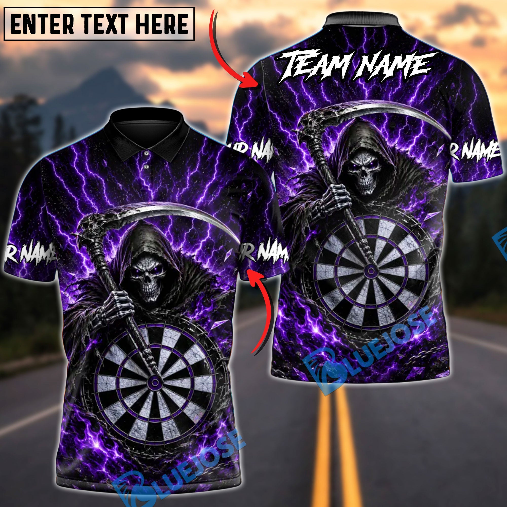 BlueJose Darts Dark Gothic Skeleton Scythe Personalized Name, Team Name Unisex Shirt (4 Colors)