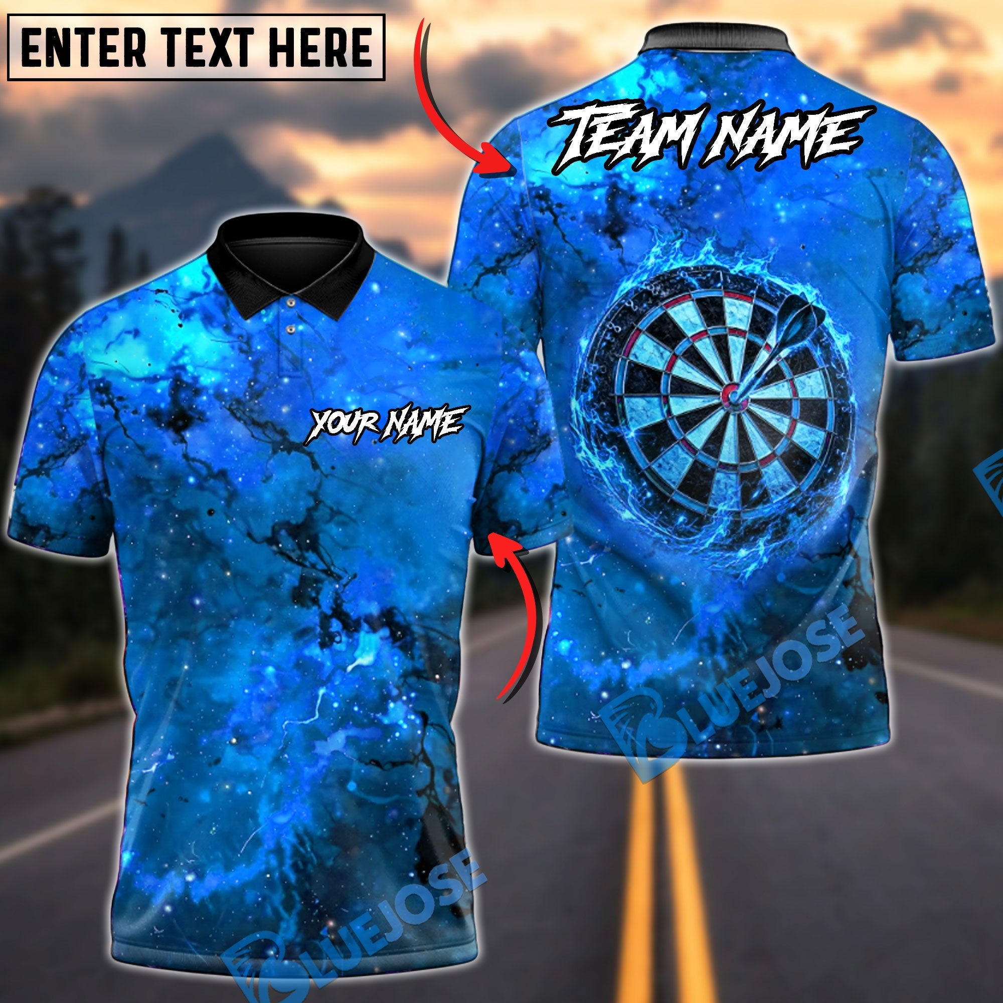 BlueJose Darts Fiery Flame Ring Personalized Name, Team Name Unisex Shirt (4 Colors)
