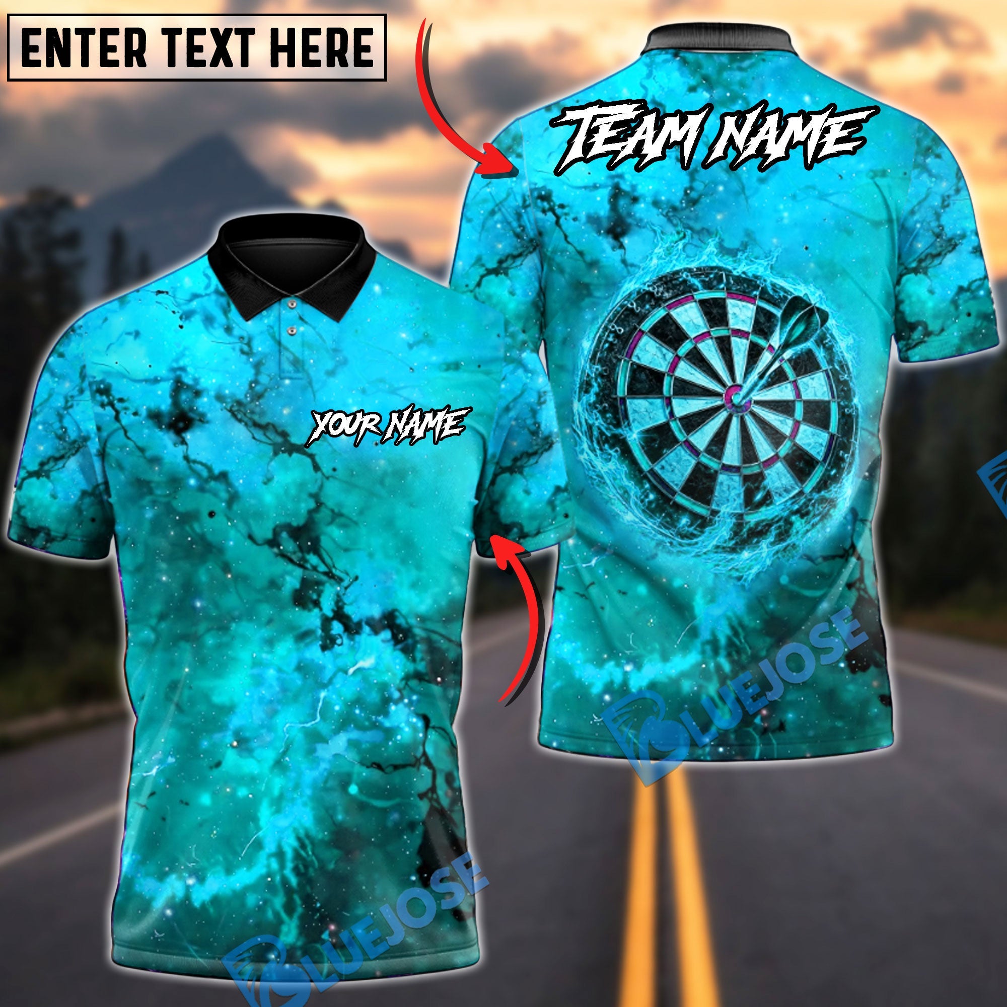BlueJose Darts Fiery Flame Ring Personalized Name, Team Name Unisex Shirt (4 Colors)