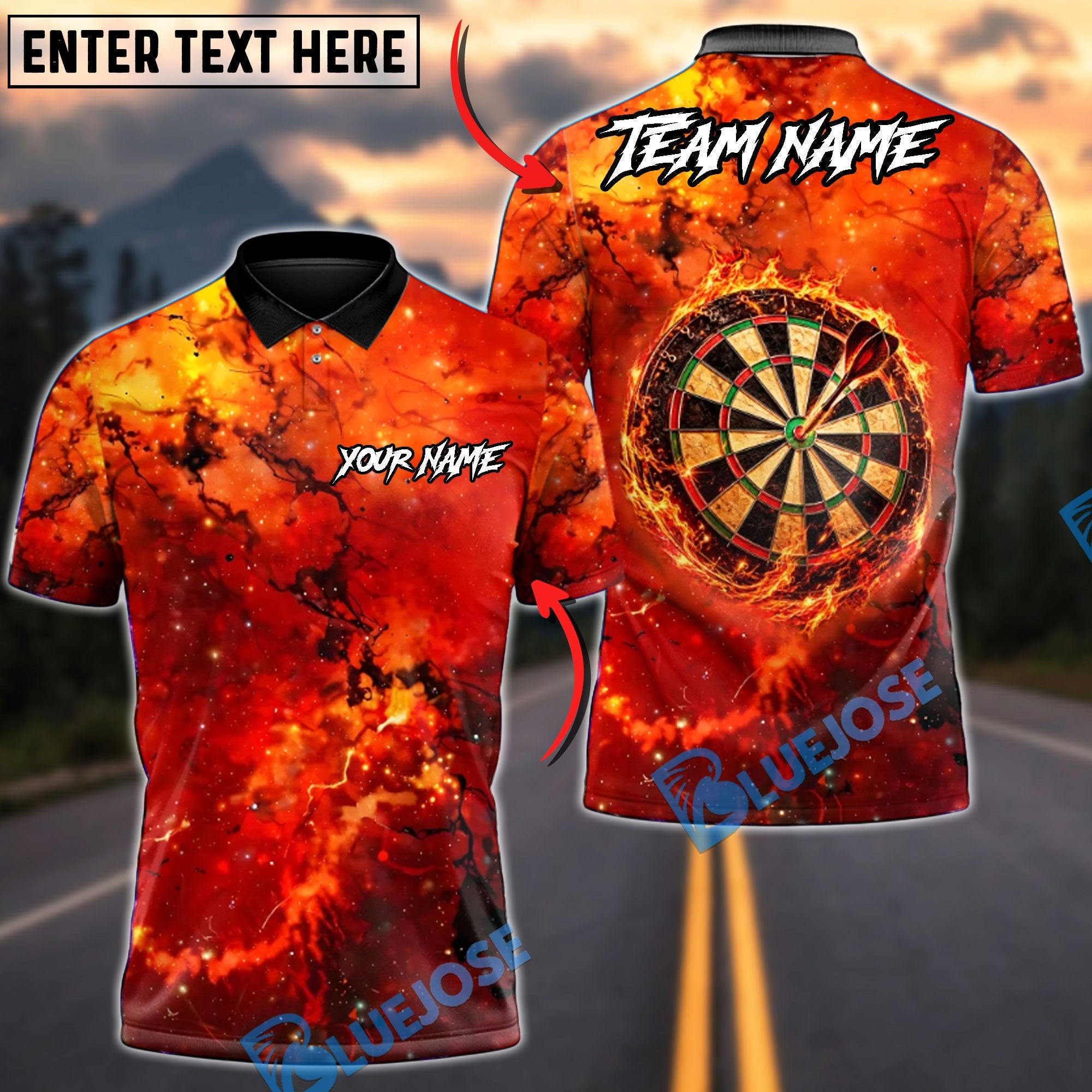 BlueJose Darts Fiery Flame Ring Personalized Name, Team Name Unisex Shirt (4 Colors)