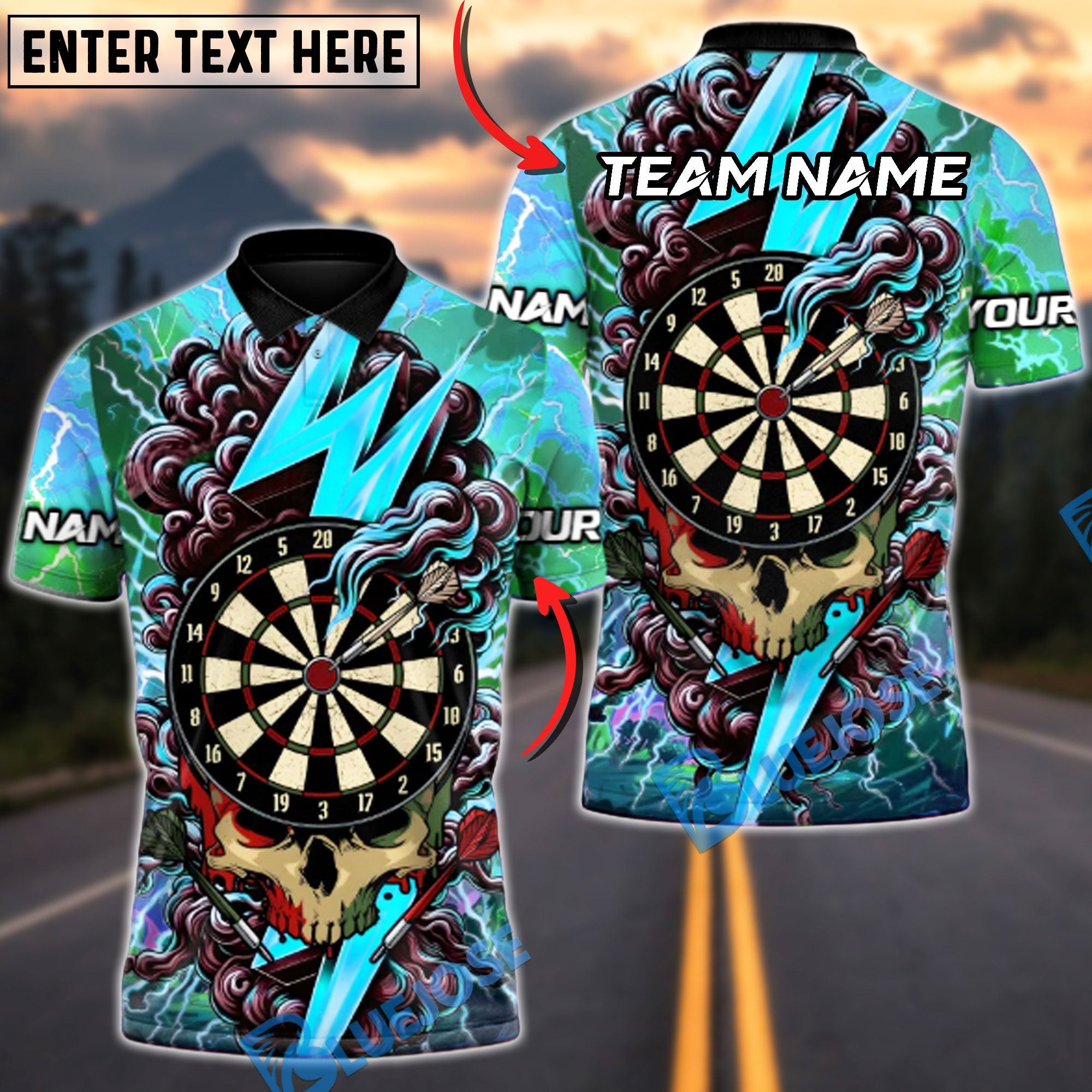 BlueJose Darts Skull Of The Storm Multicolor Options Personalized Name Shirt (4 Colors)