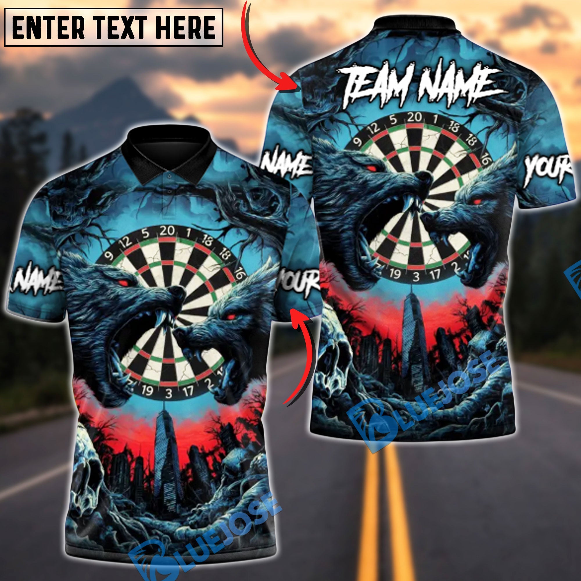BlueJose Darts Alpha Wolf Strike Multicolor Options Personalized Name Shirt (4 Colors)