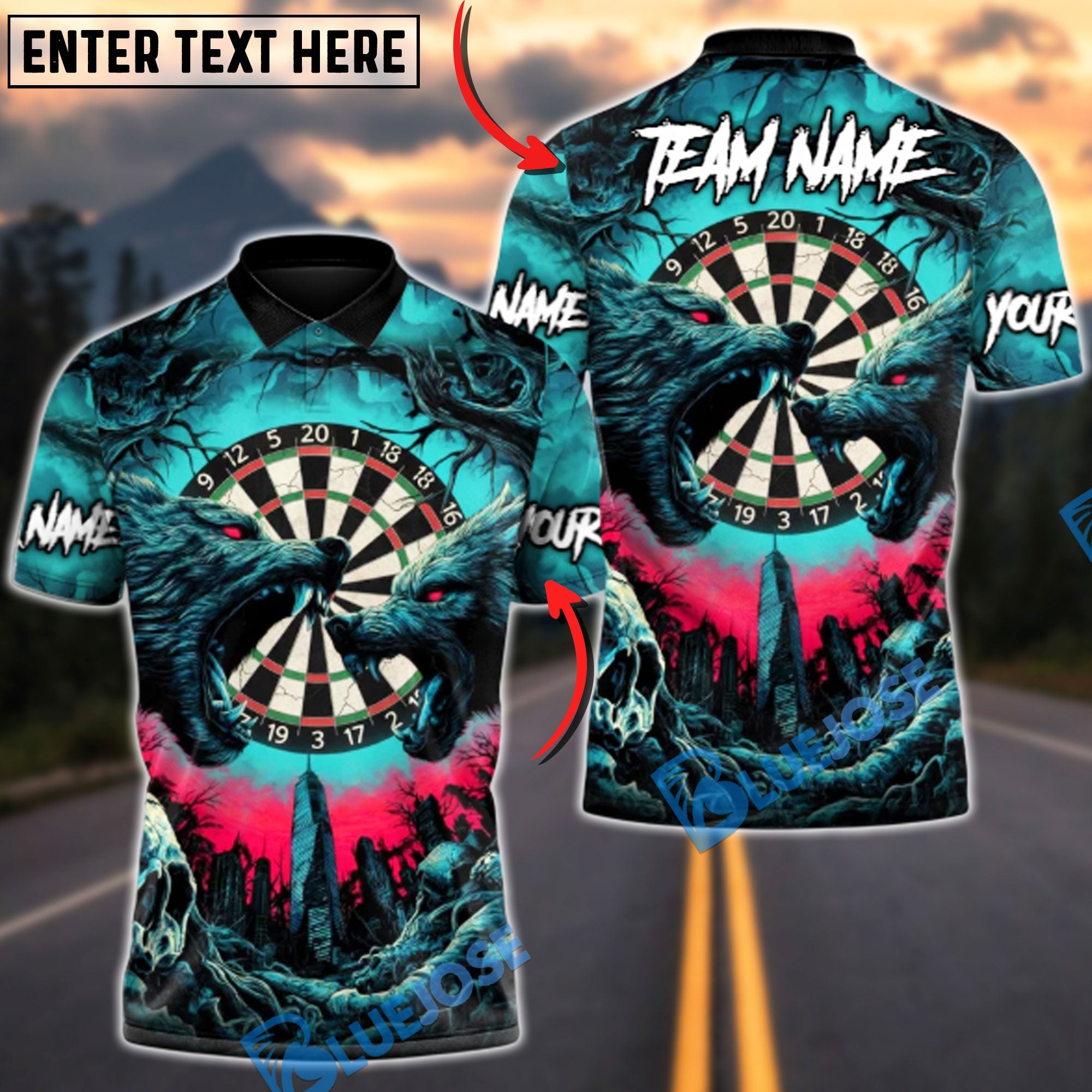 BlueJose Darts Alpha Wolf Strike Multicolor Options Personalized Name Shirt (4 Colors)