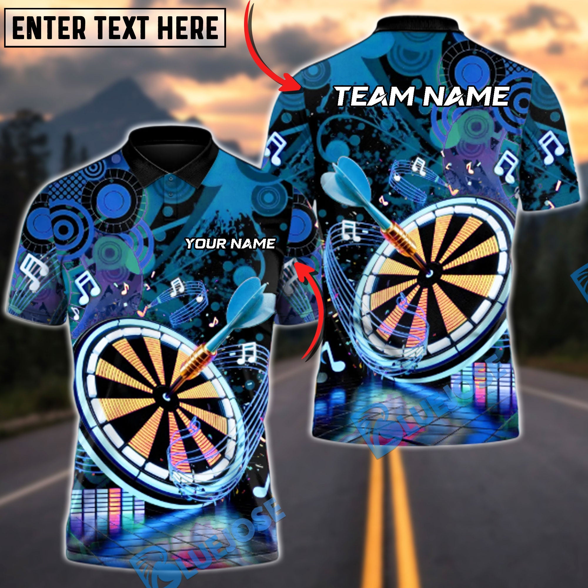 BlueJose Darts Neon EDM Music Blast Multicolor Options Personalized Name Shirt (4 Colors)