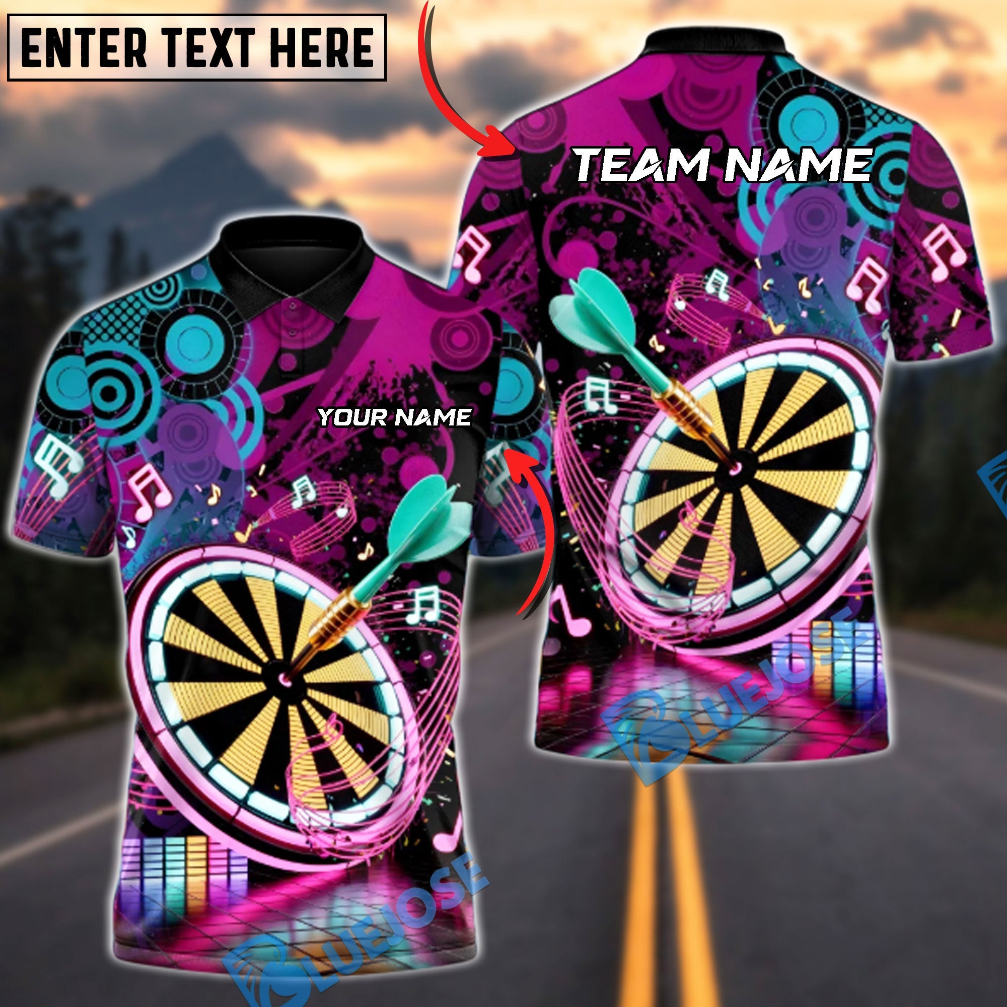 BlueJose Darts Neon EDM Music Blast Multicolor Options Personalized Name Shirt (4 Colors)