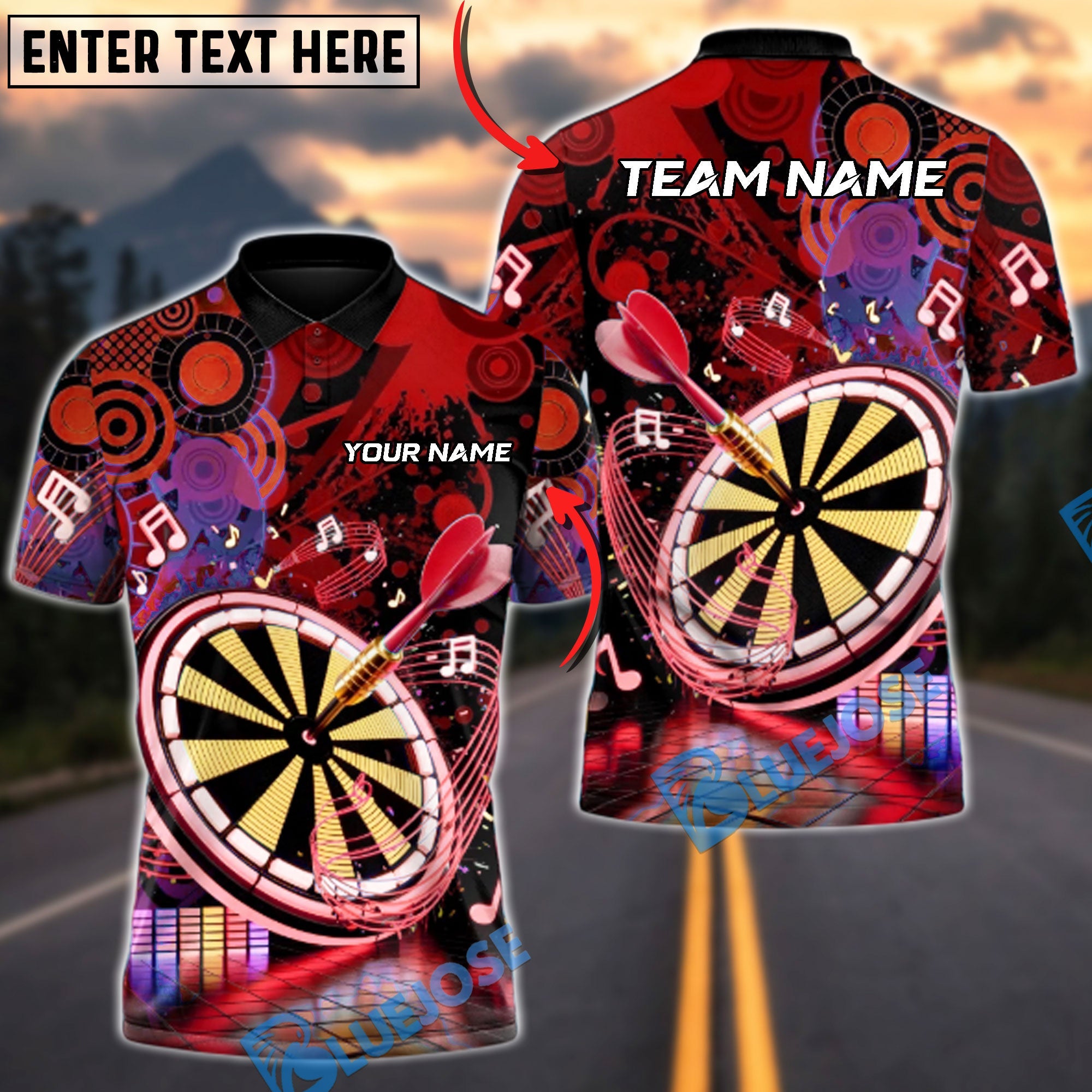 BlueJose Darts Neon EDM Music Blast Multicolor Options Personalized Name Shirt (4 Colors)