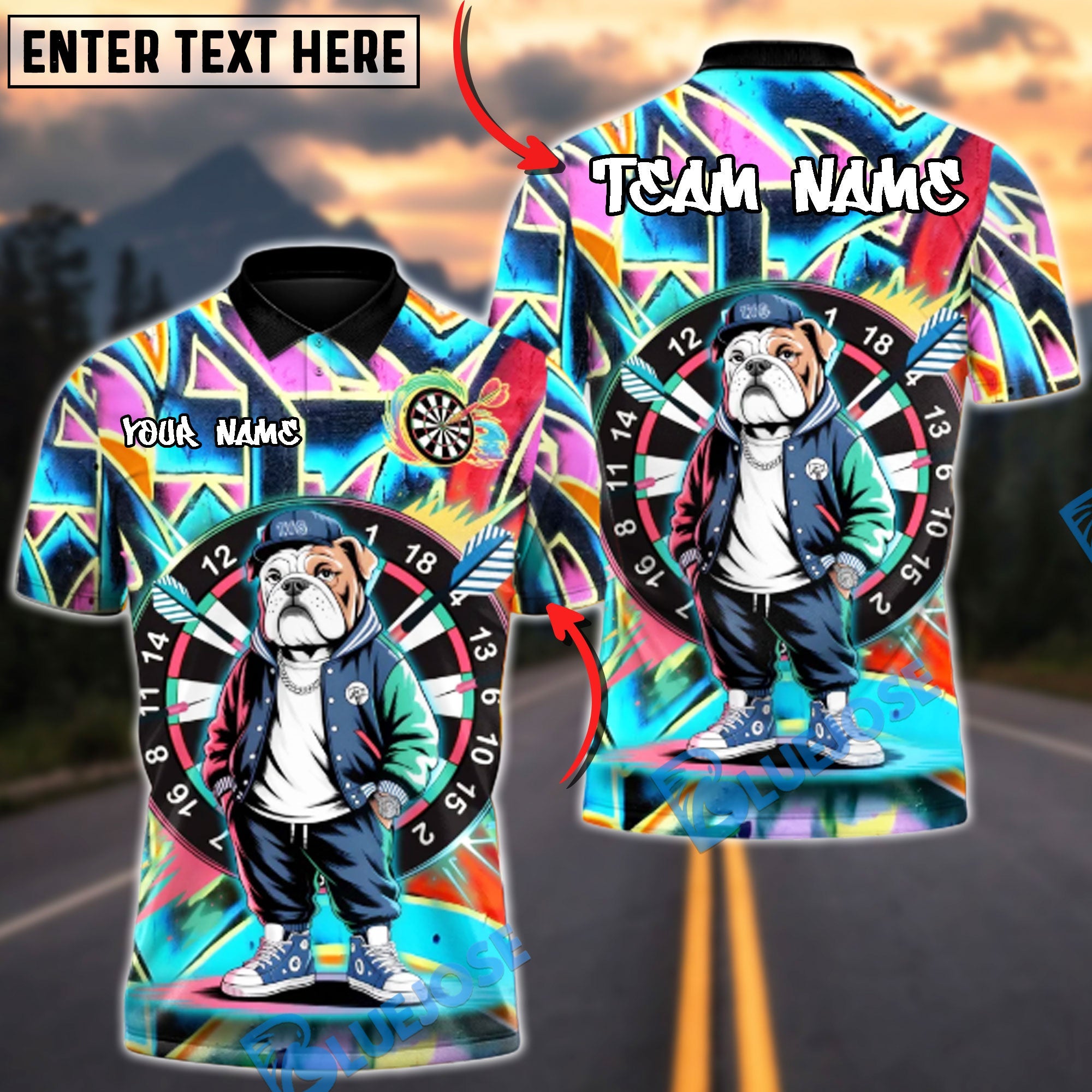 BlueJose Darts Street Bulldog Graffiti Multicolor Options Personalized Name Shirt (4 Colors)