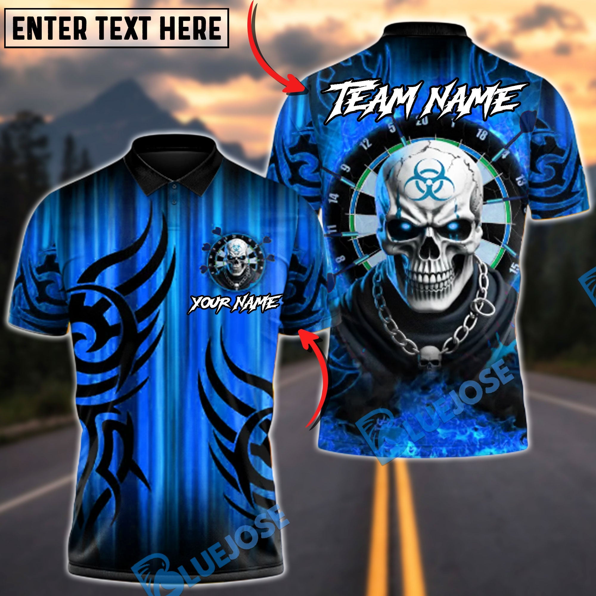 BlueJose Darts Biohazard Skull Inferno Multicolor Options Personalized Name Shirt (4 Colors)