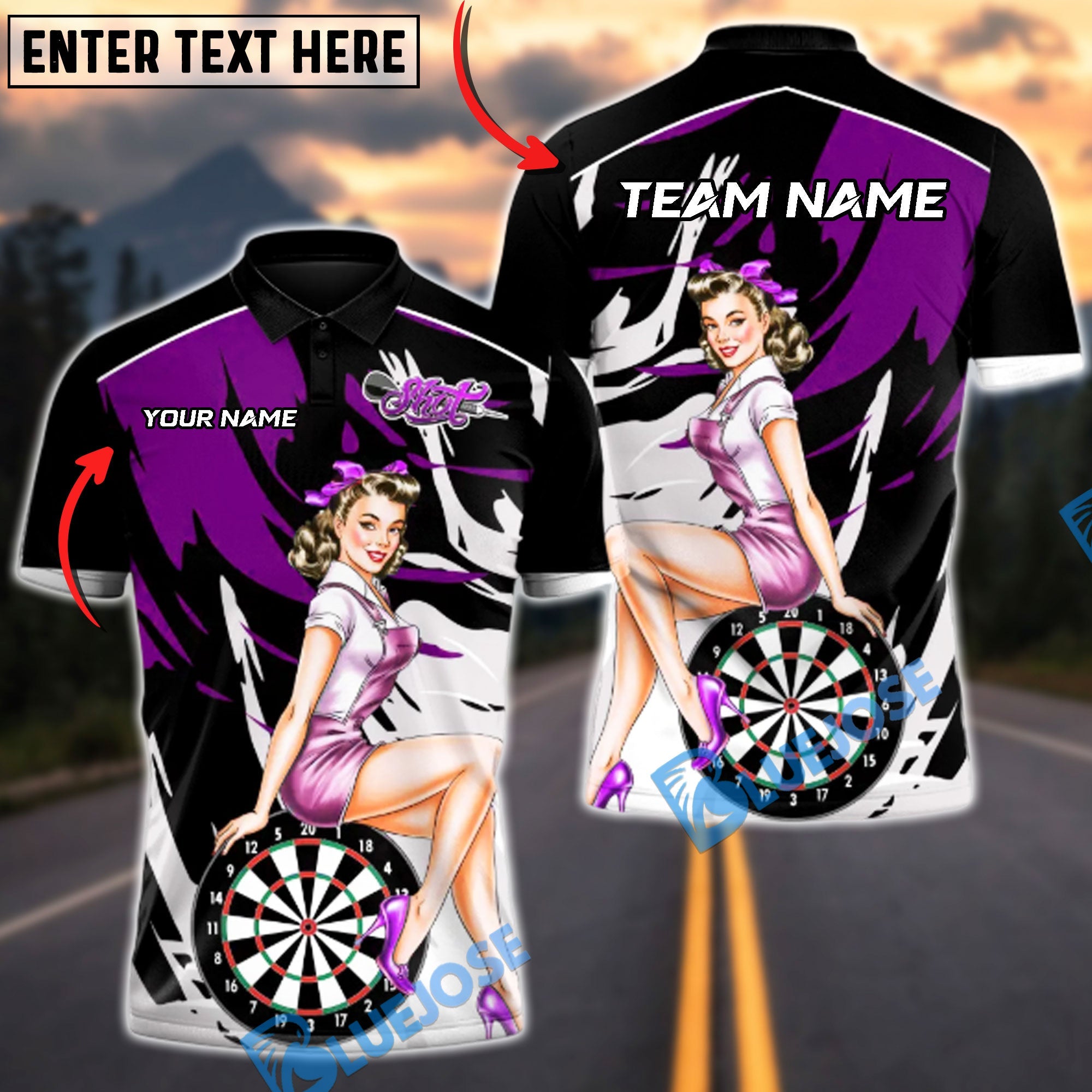 BlueJose Darts Retro Diva Pin-Up Performance Multicolor Options Personalized Name Shirt (4 Colors)