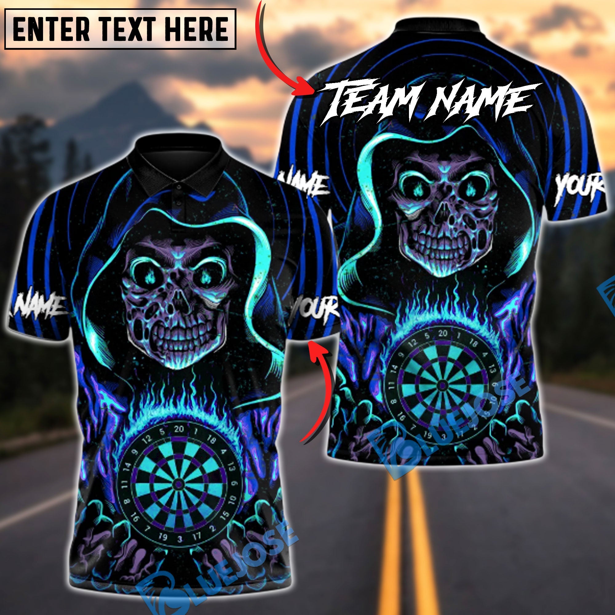 BlueJose Darts Grim Reaper Inferno Multicolor Options Personalized Name Shirt (4 Colors)