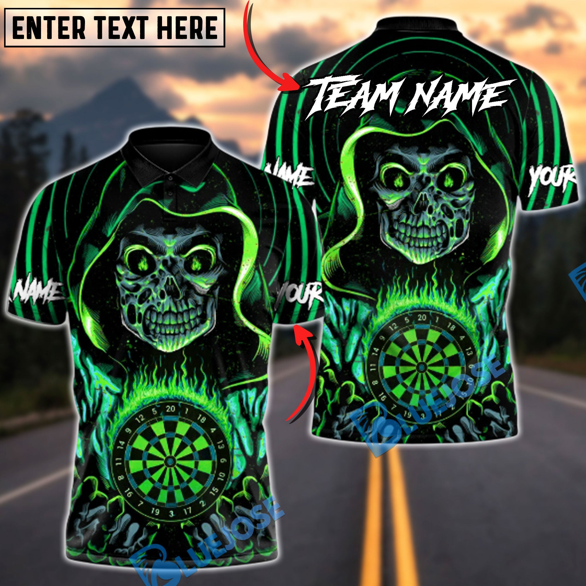 BlueJose Darts Grim Reaper Inferno Multicolor Options Personalized Name Shirt (4 Colors)