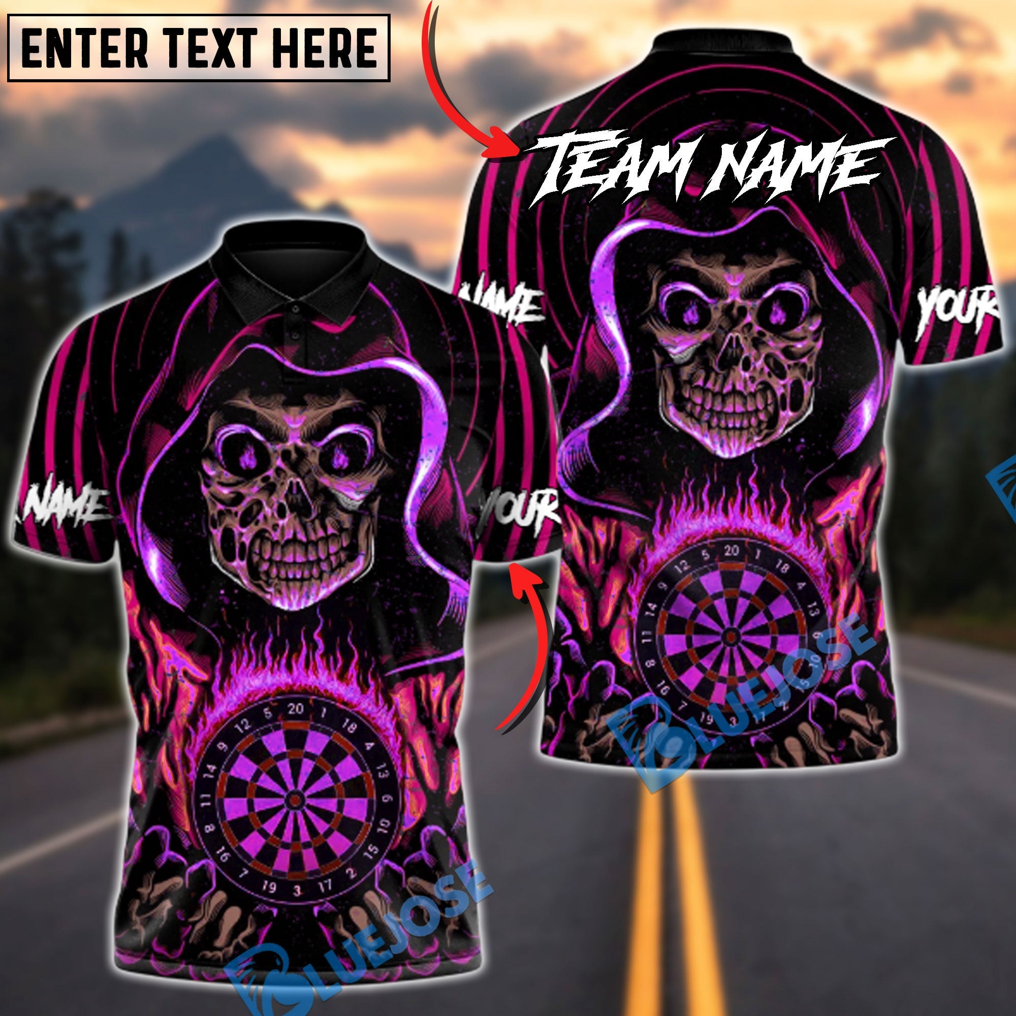 BlueJose Darts Grim Reaper Inferno Multicolor Options Personalized Name Shirt (4 Colors)