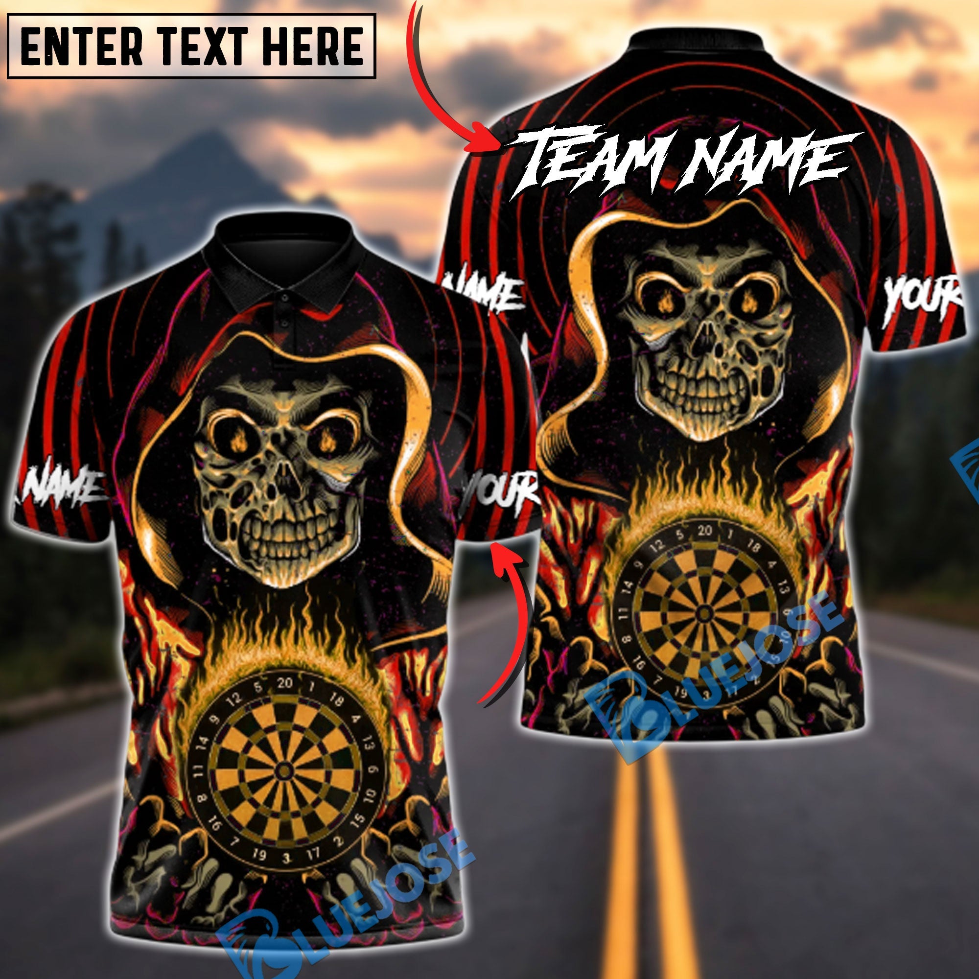 BlueJose Darts Grim Reaper Inferno Multicolor Options Personalized Name Shirt (4 Colors)