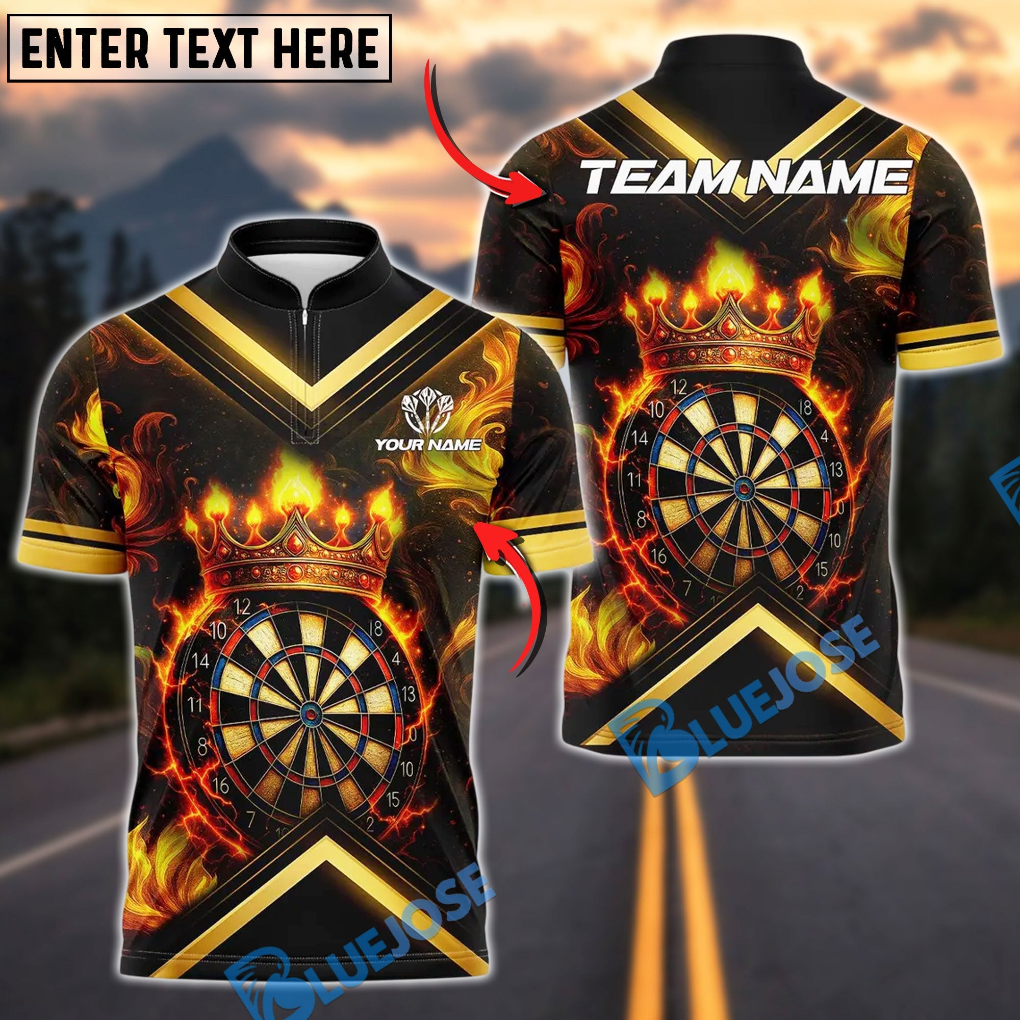 BlueJose Darts Premium Golden Dartboard With Crown Design Customized Name, Team Name 3D Shirt (4 Colors)