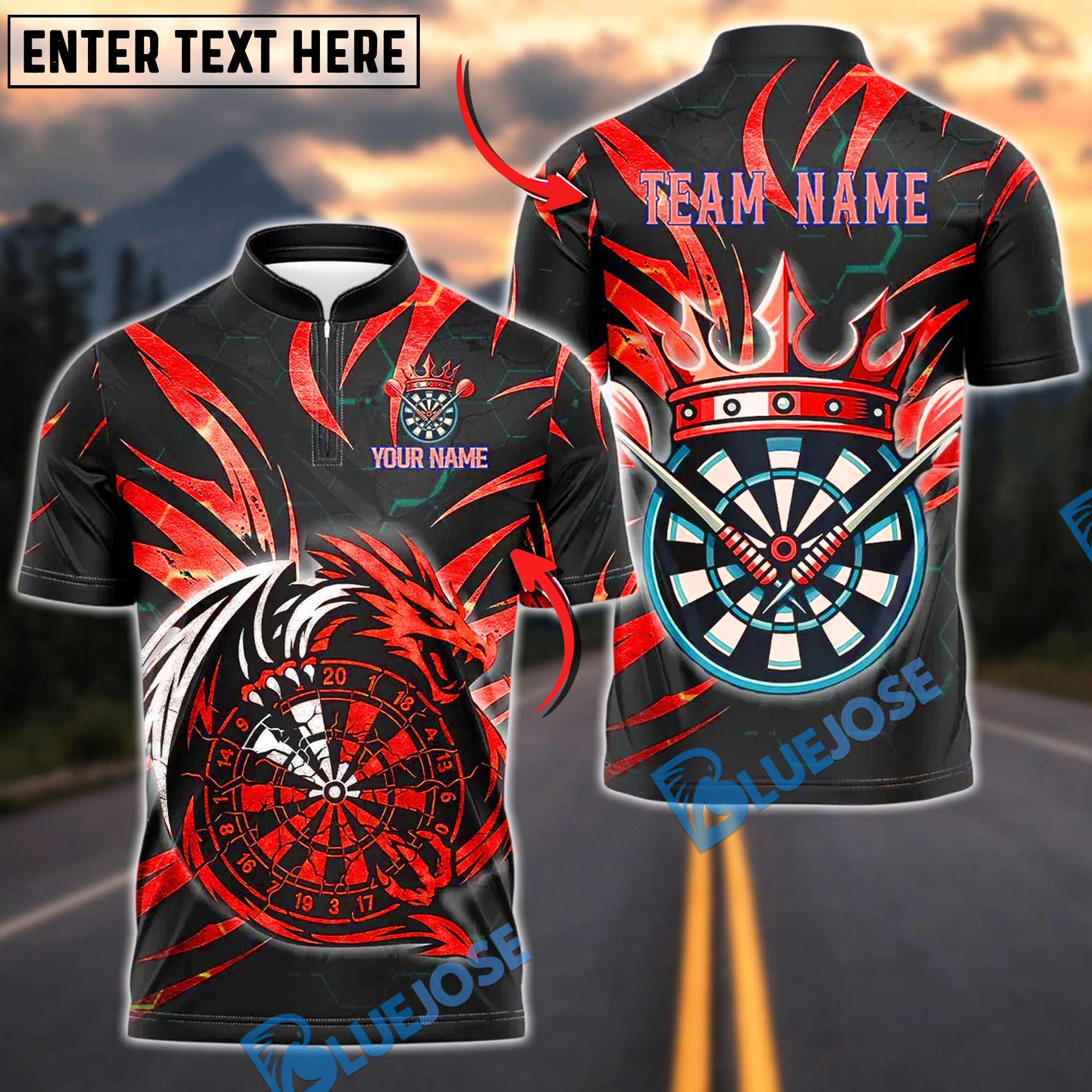 BlueJose Darts Premium Dragon Design Customized Name, Team Name 3D Shirt (4 Colors)