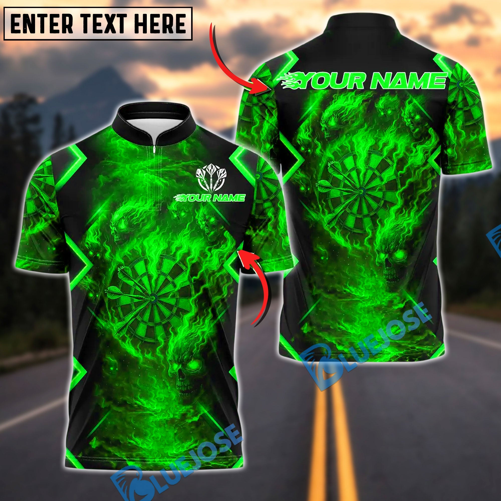 BlueJose Darts Flame Skull With Dartboard Design 2 Customized Name, Team Name 3D Shirt (4 Colors)
