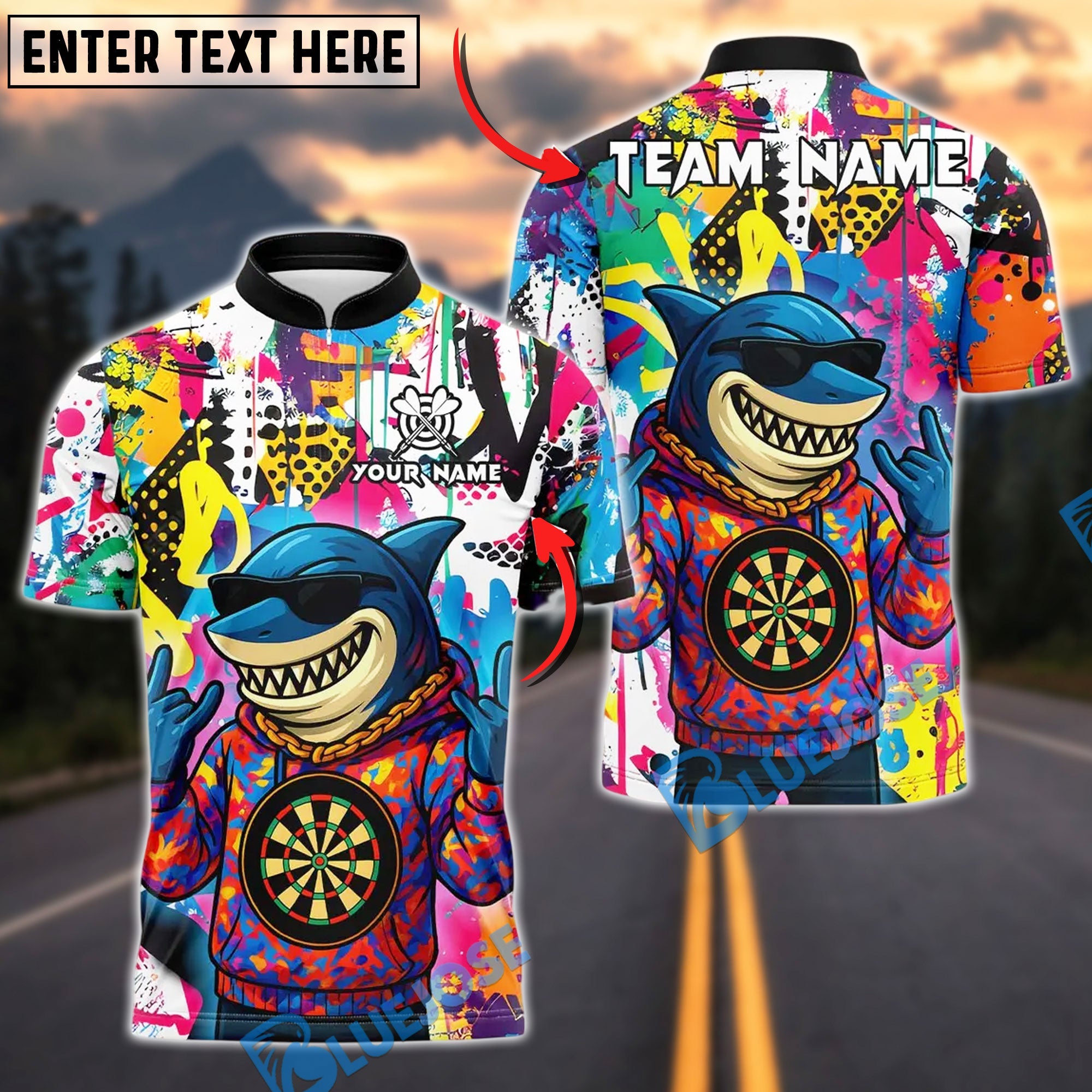 BlueJose Darts HipHop Shark With Dartboard Design Personalized Name Shirt