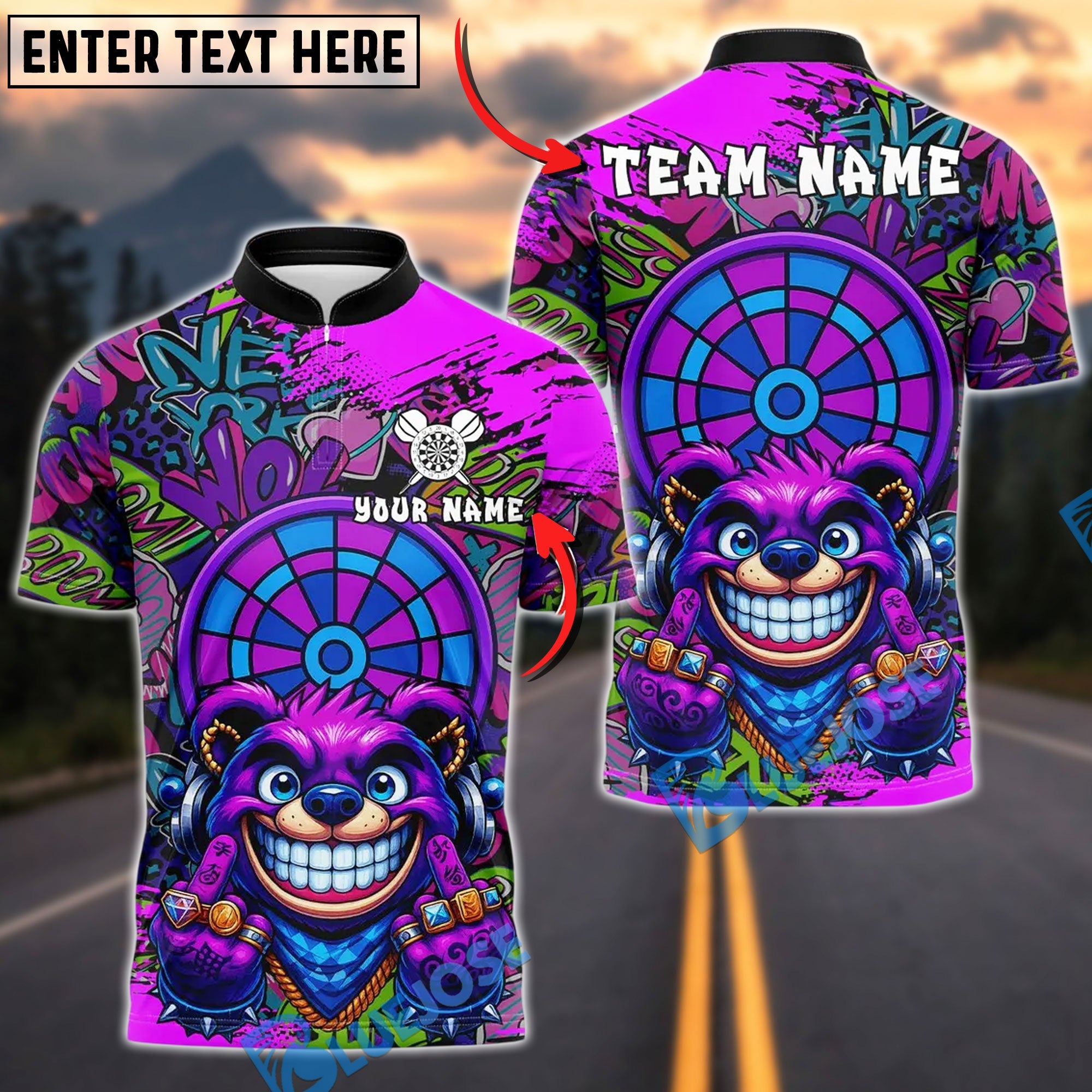 BlueJose Darts Gangster Bear Design Customized Name, Team Name 3D Shirt (4 Colors)