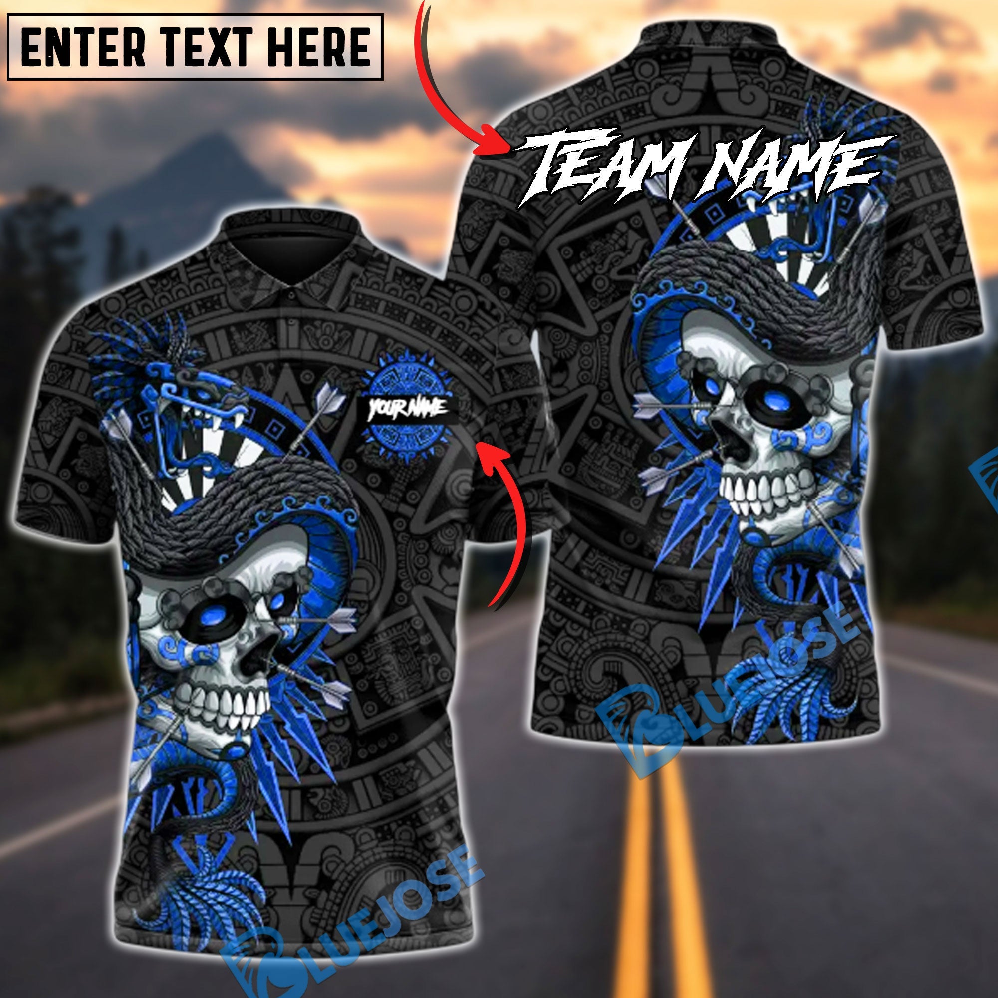 BlueJose Darts Aztec Skull Warrior Multicolor Options Personalized Name Shirt (6 Colors)