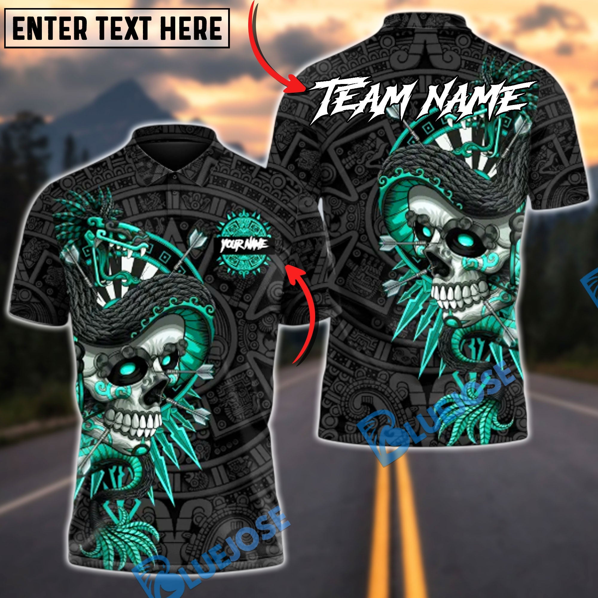 BlueJose Darts Aztec Skull Warrior Multicolor Options Personalized Name Shirt (6 Colors)
