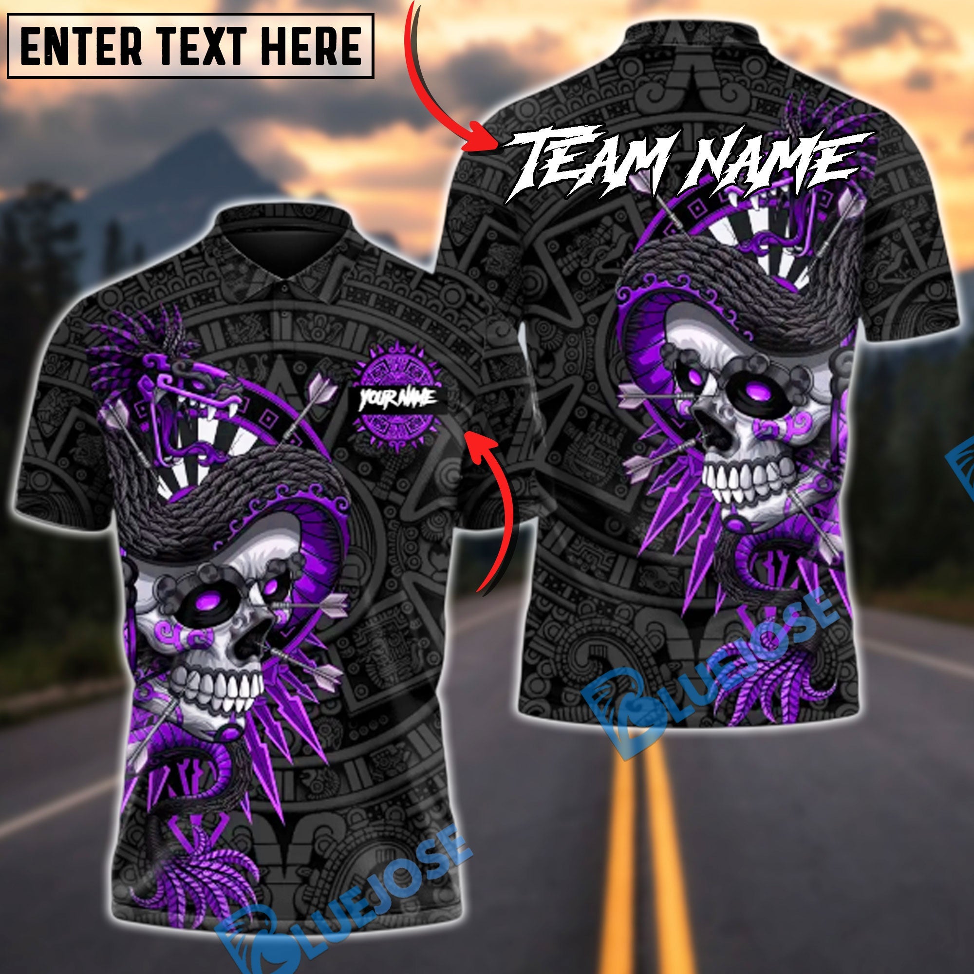 BlueJose Darts Aztec Skull Warrior Multicolor Options Personalized Name Shirt (6 Colors)