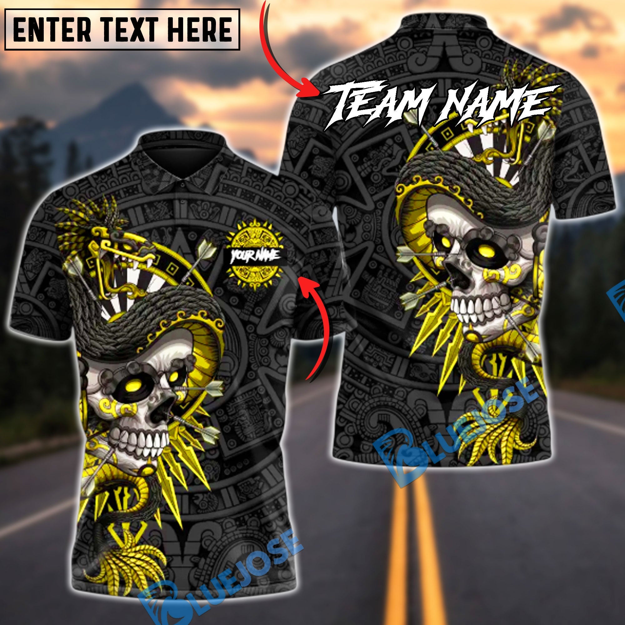 BlueJose Darts Aztec Skull Warrior Multicolor Options Personalized Name Shirt (6 Colors)