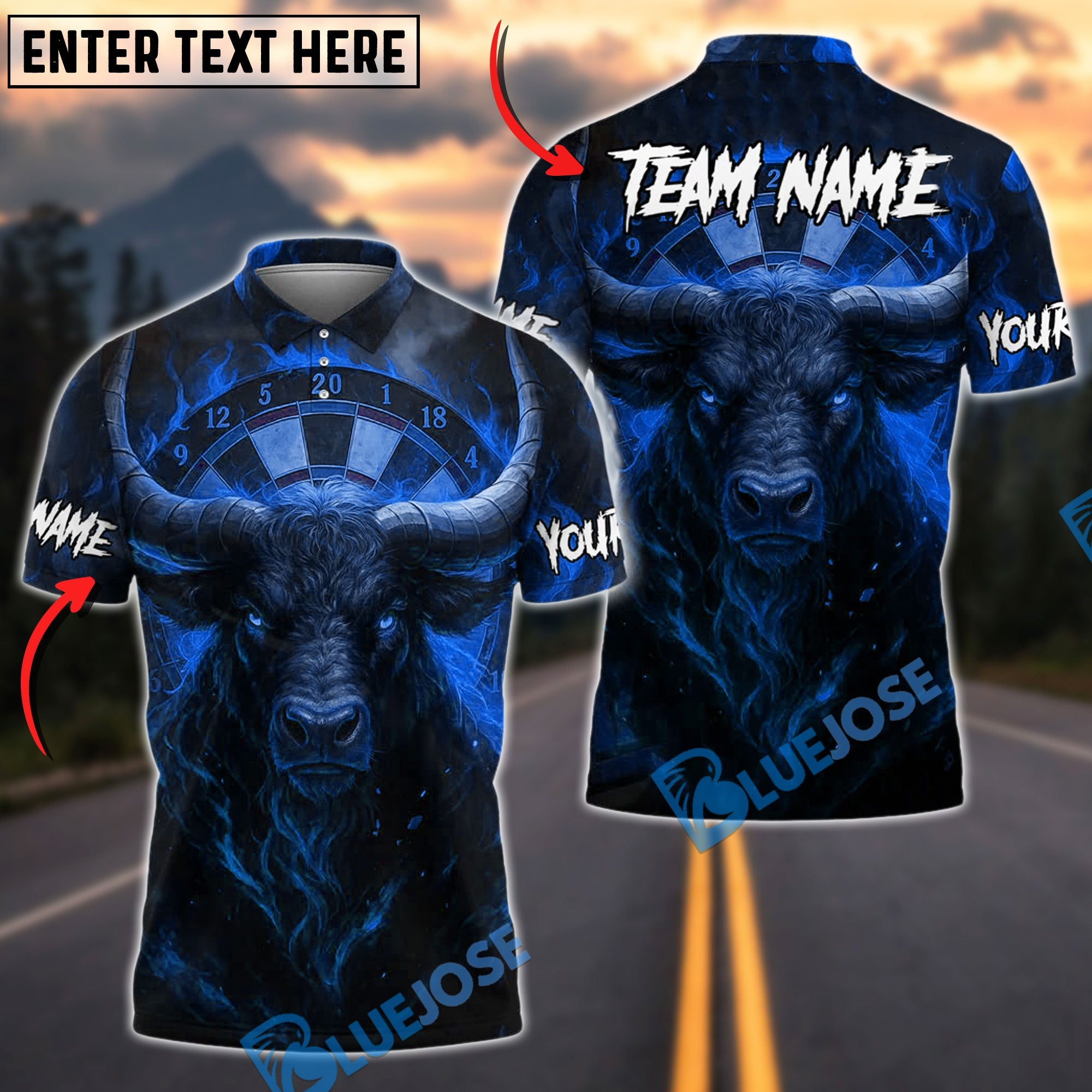 BlueJose Darts Firestorm Bullseye Personalized Name, Team Name Shirt (4 Colors)
