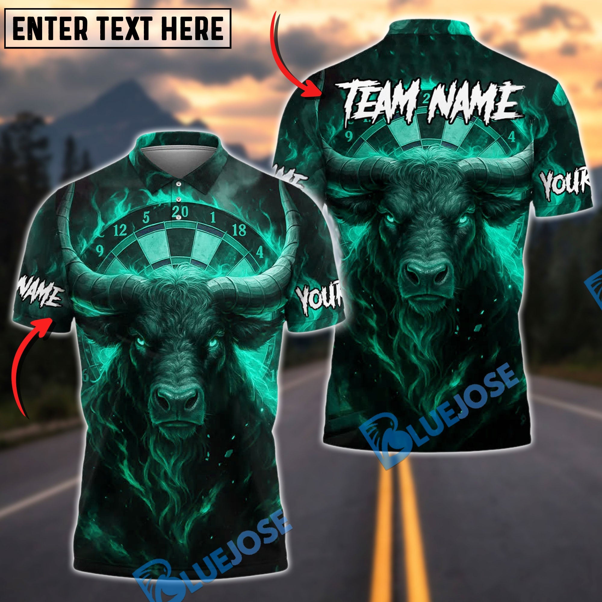 BlueJose Darts Firestorm Bullseye Personalized Name, Team Name Shirt (4 Colors)