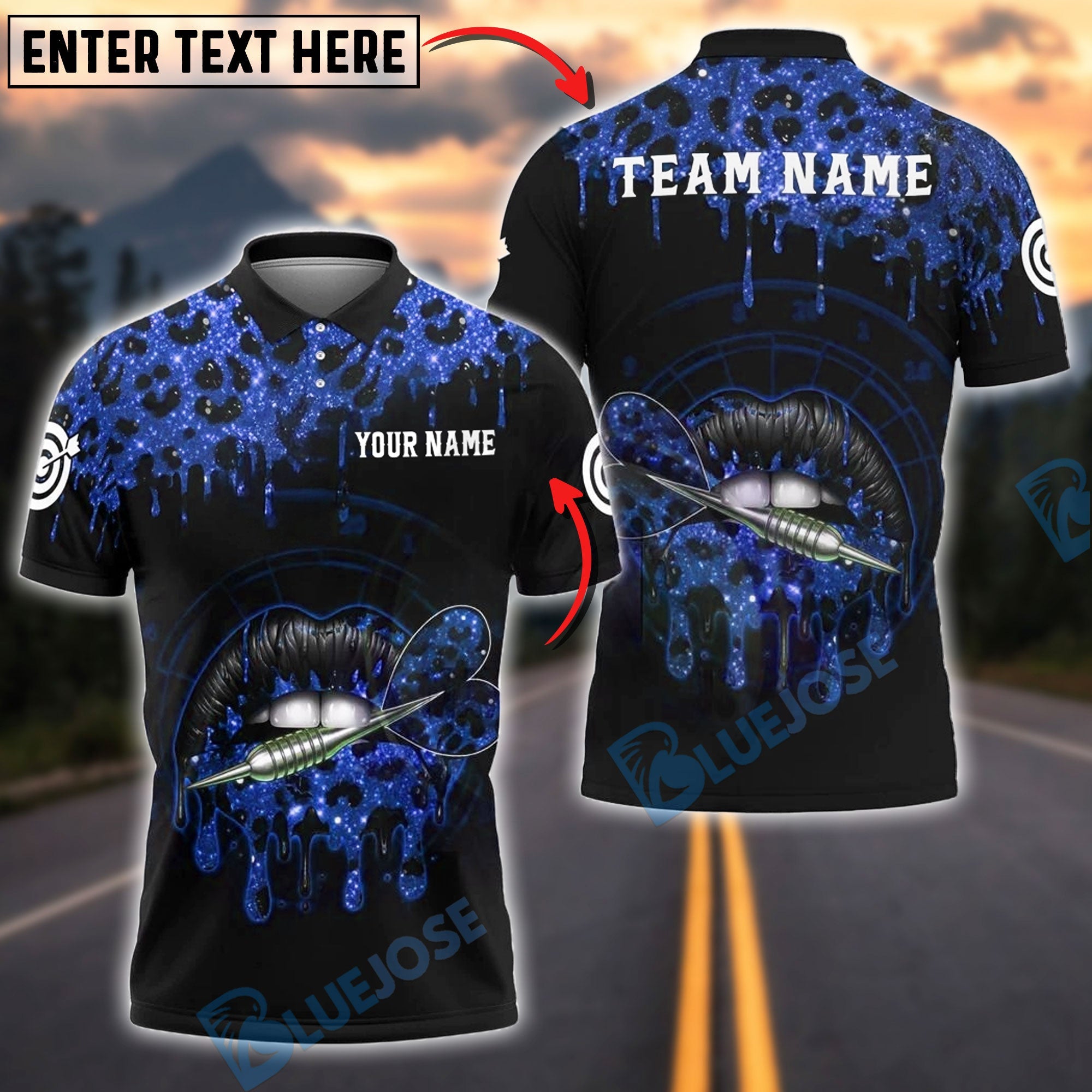 BlueJose Darts Leopard Lips Dartboard Personalized Name, Team Name Shirt (6 Colors)