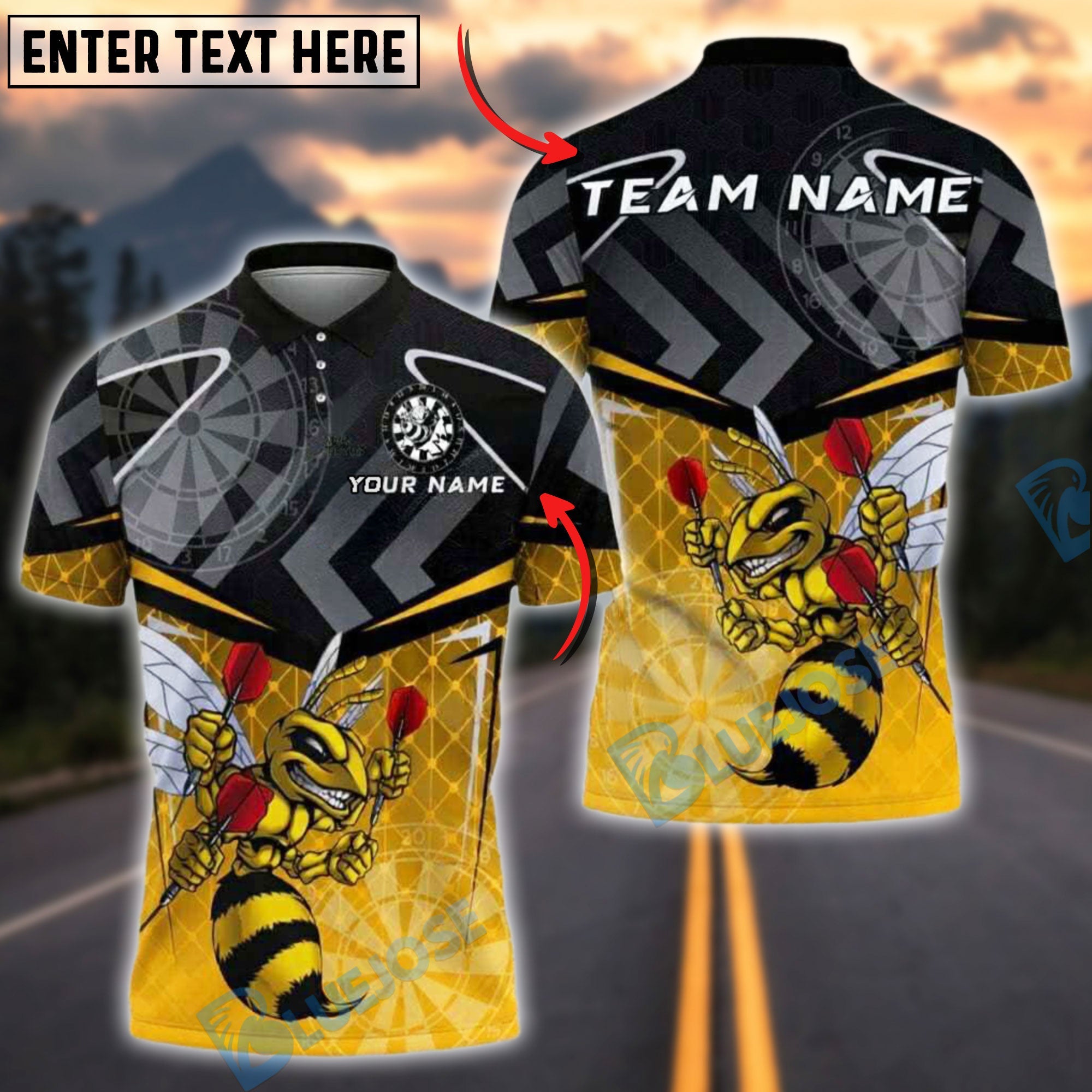 BlueJose Darts Angry Yellow Hornet Cartoon Personalized Name Shirt