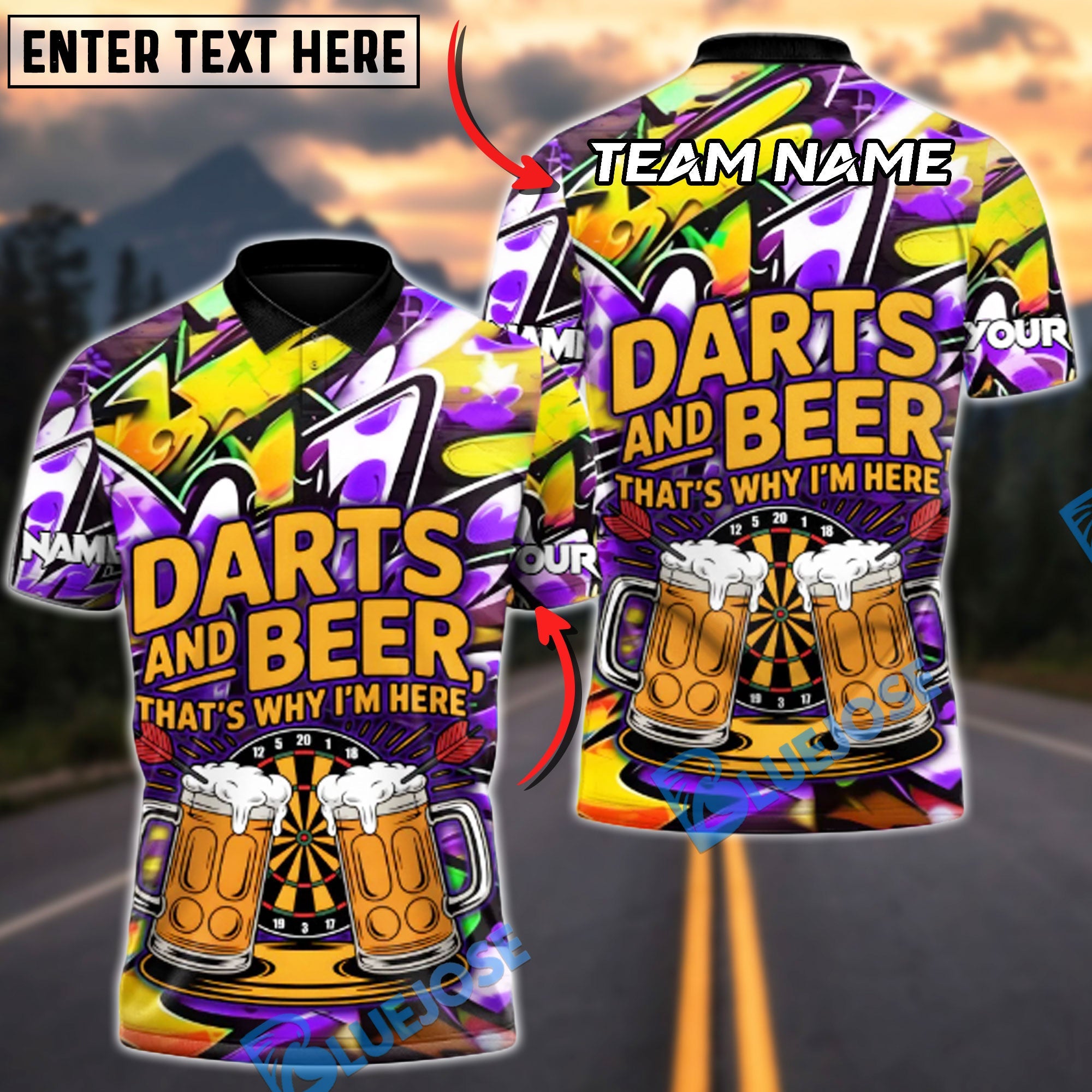 BlueJose Darts Graffiti Beer & Bullseye Customized Name, Team Name 3D Shirt (4 Colors)