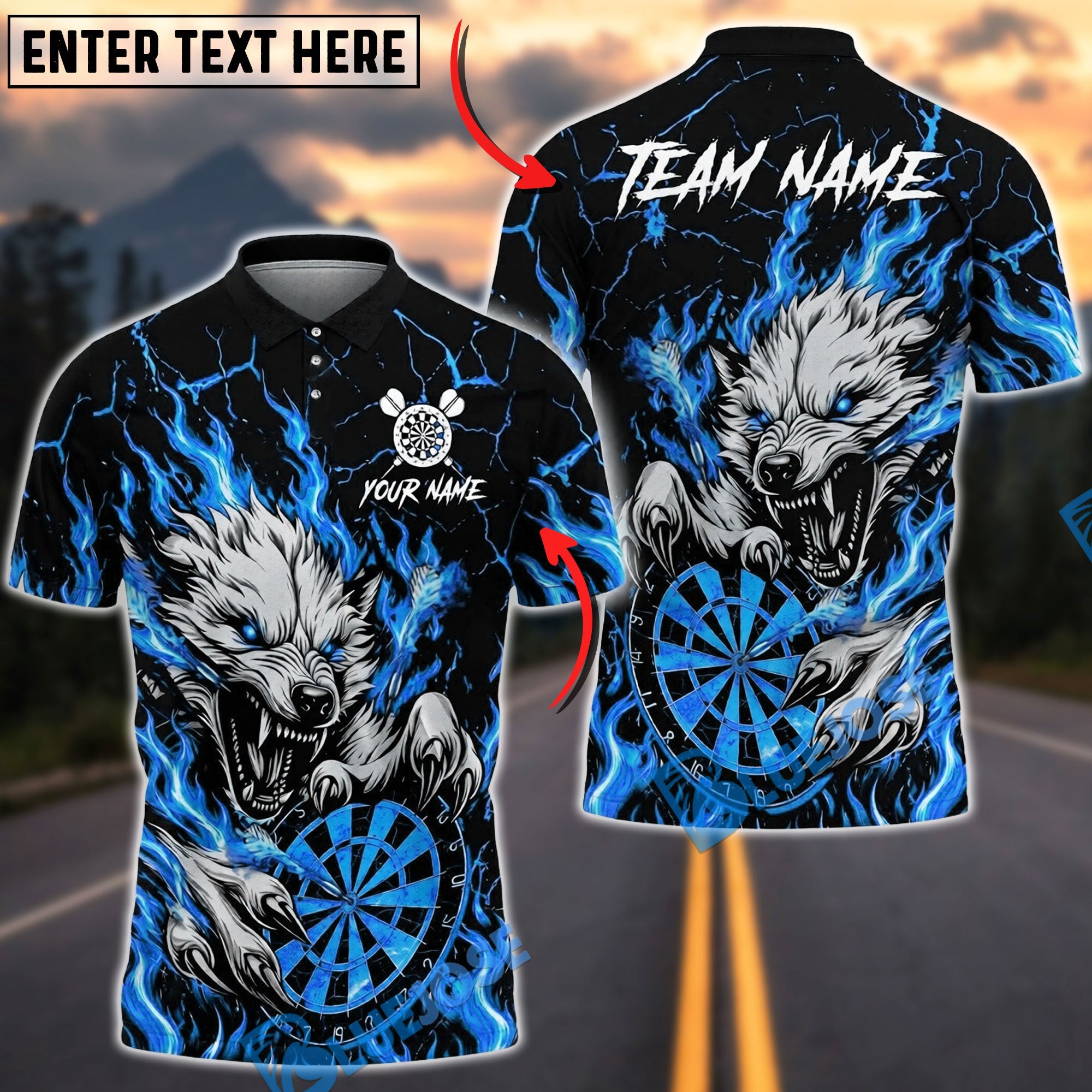 BlueJose Darts Flaming Wolf Attack Fire Dartboard Aggressive Graphic Personalized Name, Team Name Unisex Shirt (4 Colors)
