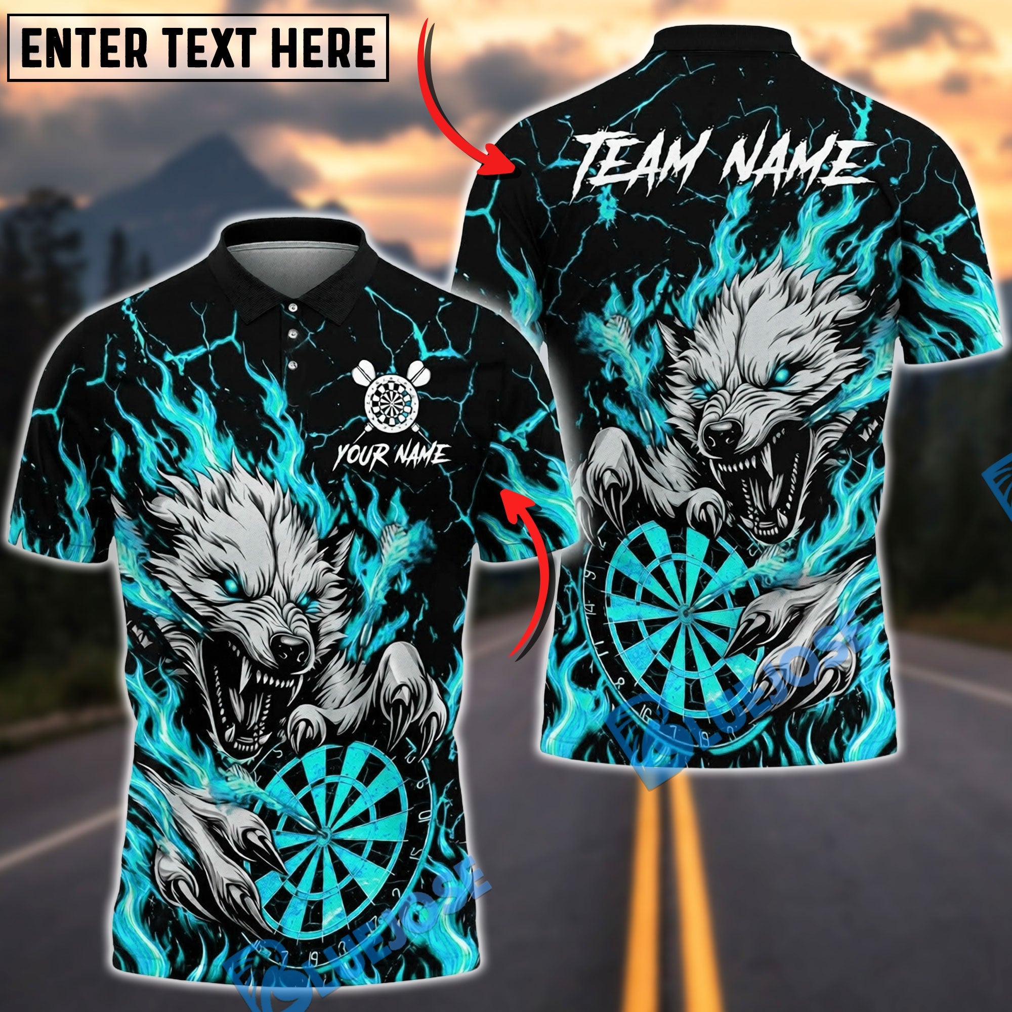 BlueJose Darts Flaming Wolf Attack Fire Dartboard Aggressive Graphic Personalized Name, Team Name Unisex Shirt (4 Colors)