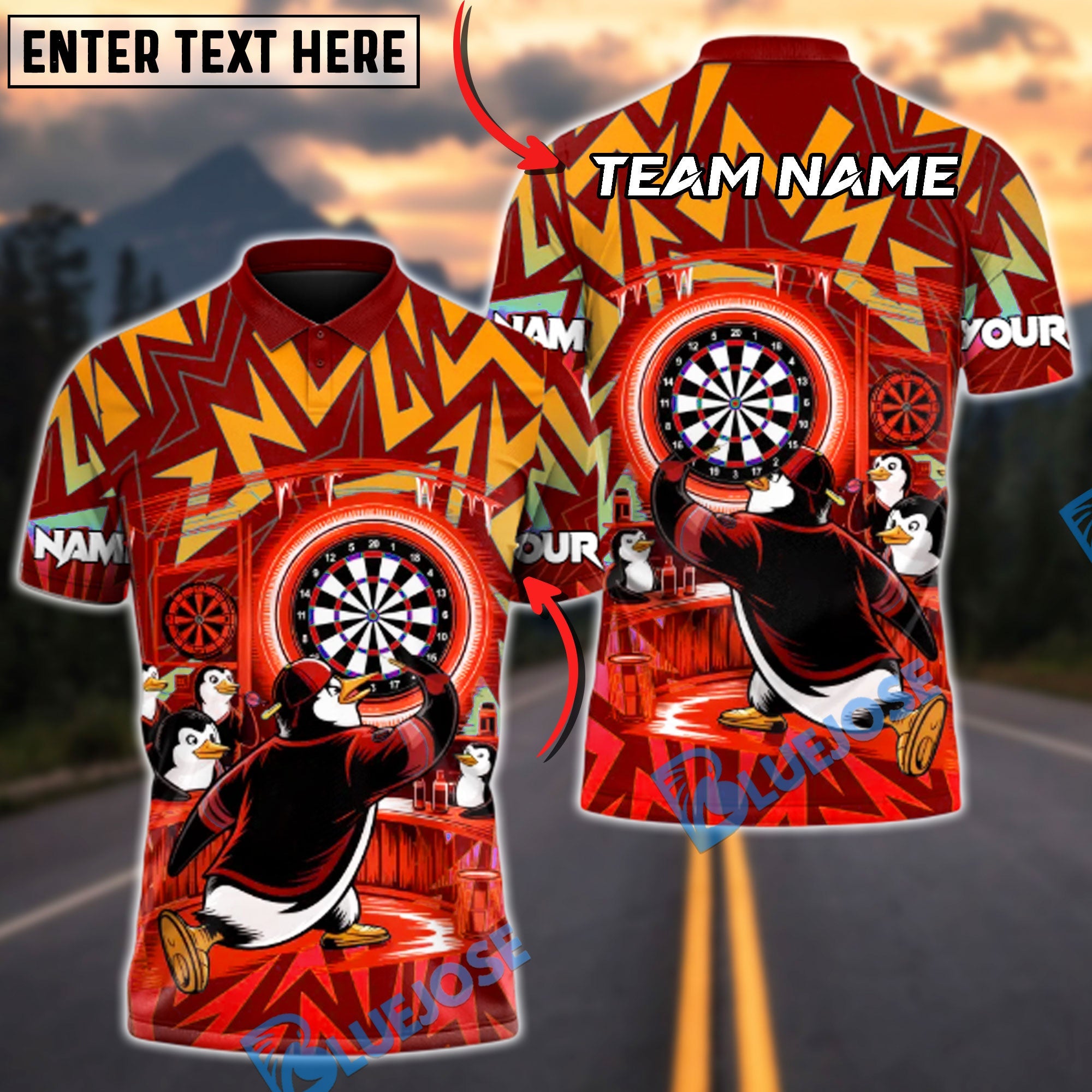 BlueJose Darts Penguin Bullseye Multicolor Options Personalized Name Shirt (4 Colors)