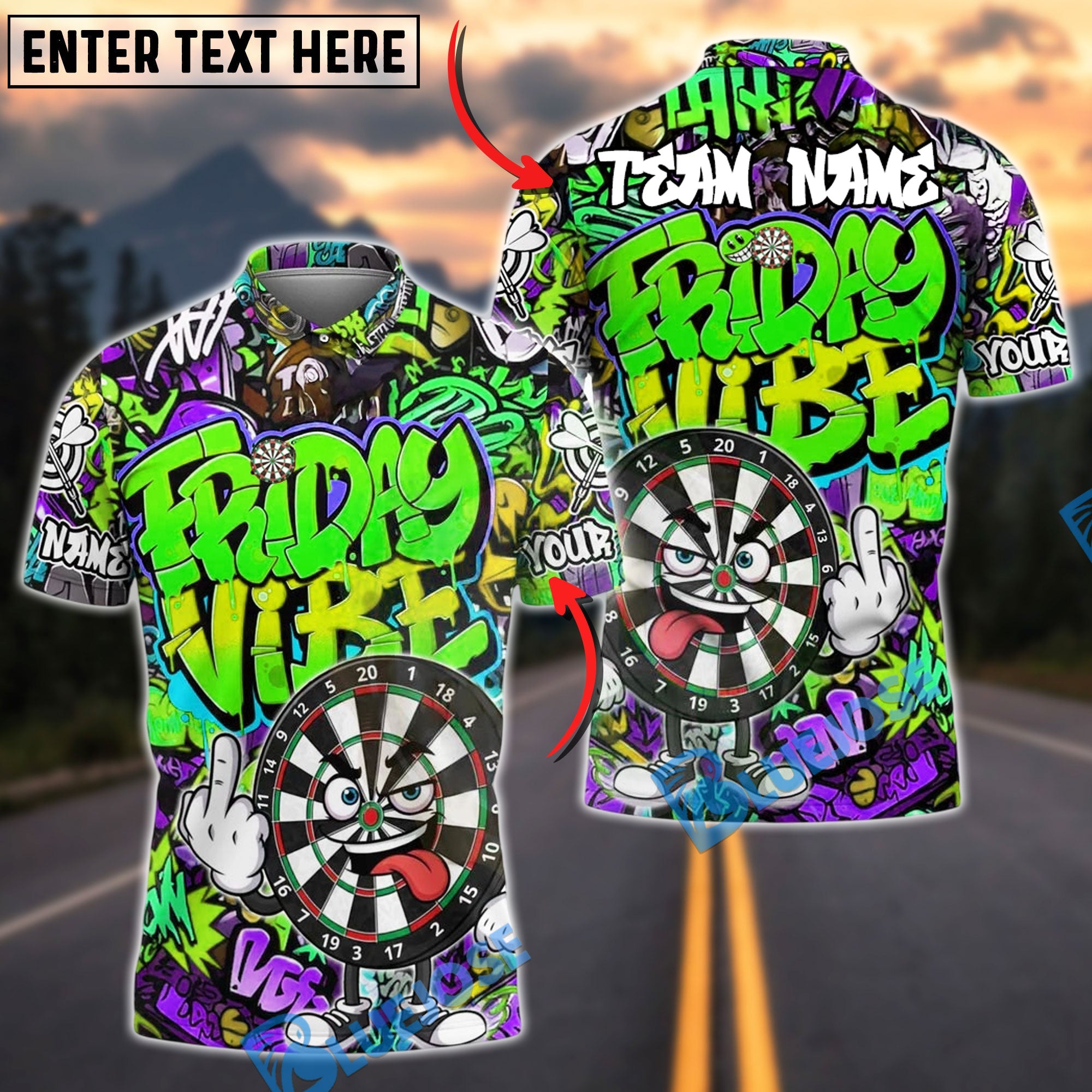 BlueJose Darts Dartboard Graffiti Friday Vibe Style Customized Name, Team Name 3D Shirt (4 Colors)