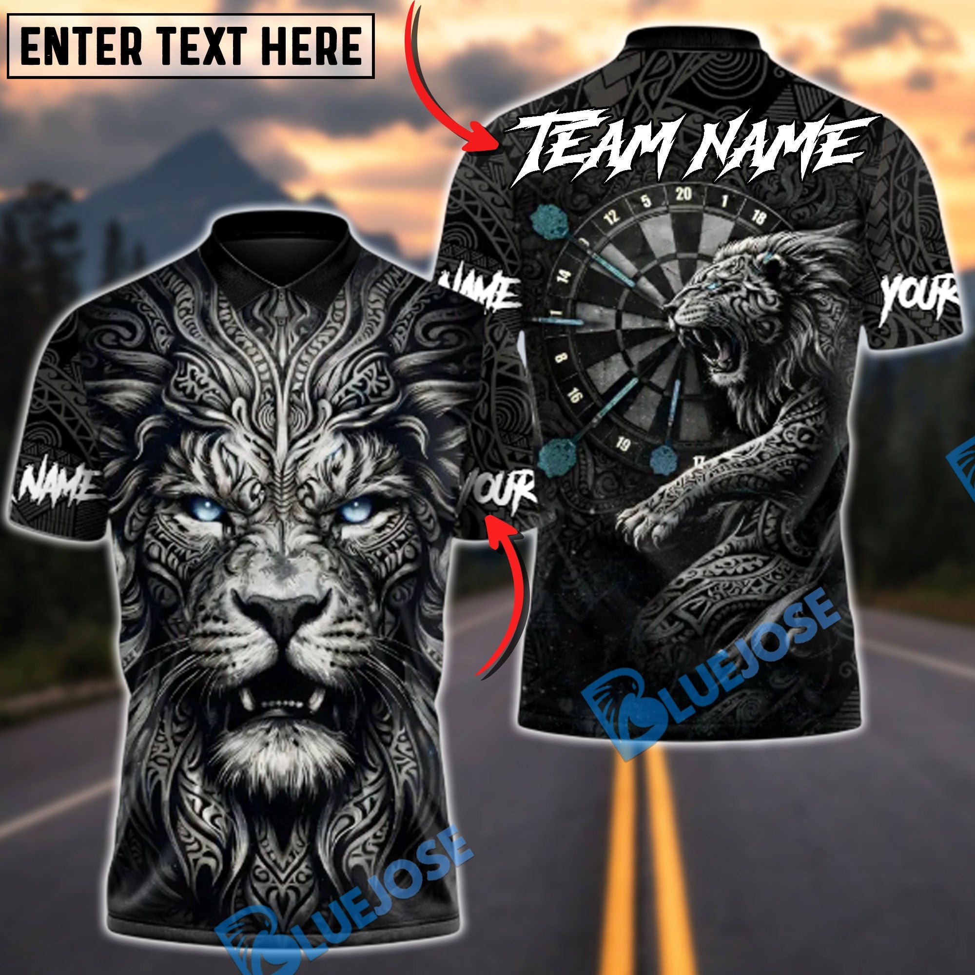 BlueJose Darts Lion of the Board Dark Multicolor Options Personalized Name Shirt (4 Colors)