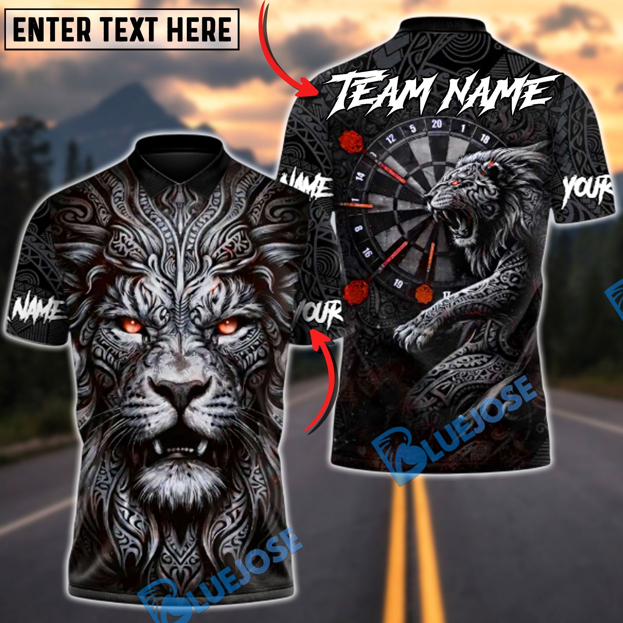 BlueJose Darts Lion of the Board Dark Multicolor Options Personalized Name Shirt (4 Colors)