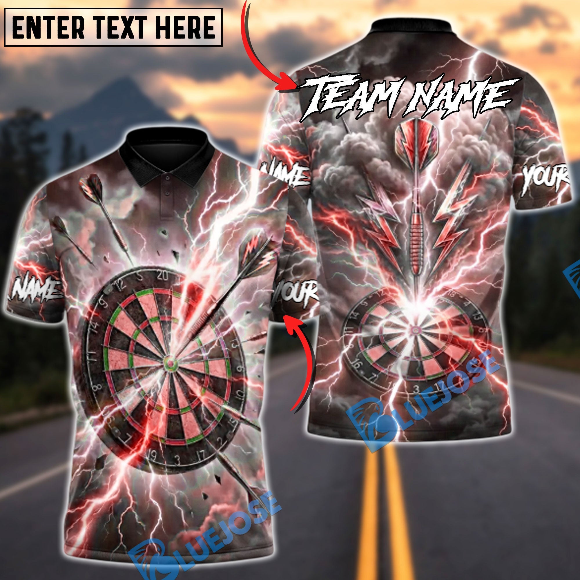 BlueJose Darts Super Thunder Strike Multicolor Options Personalized Name Shirt (6 Colors)