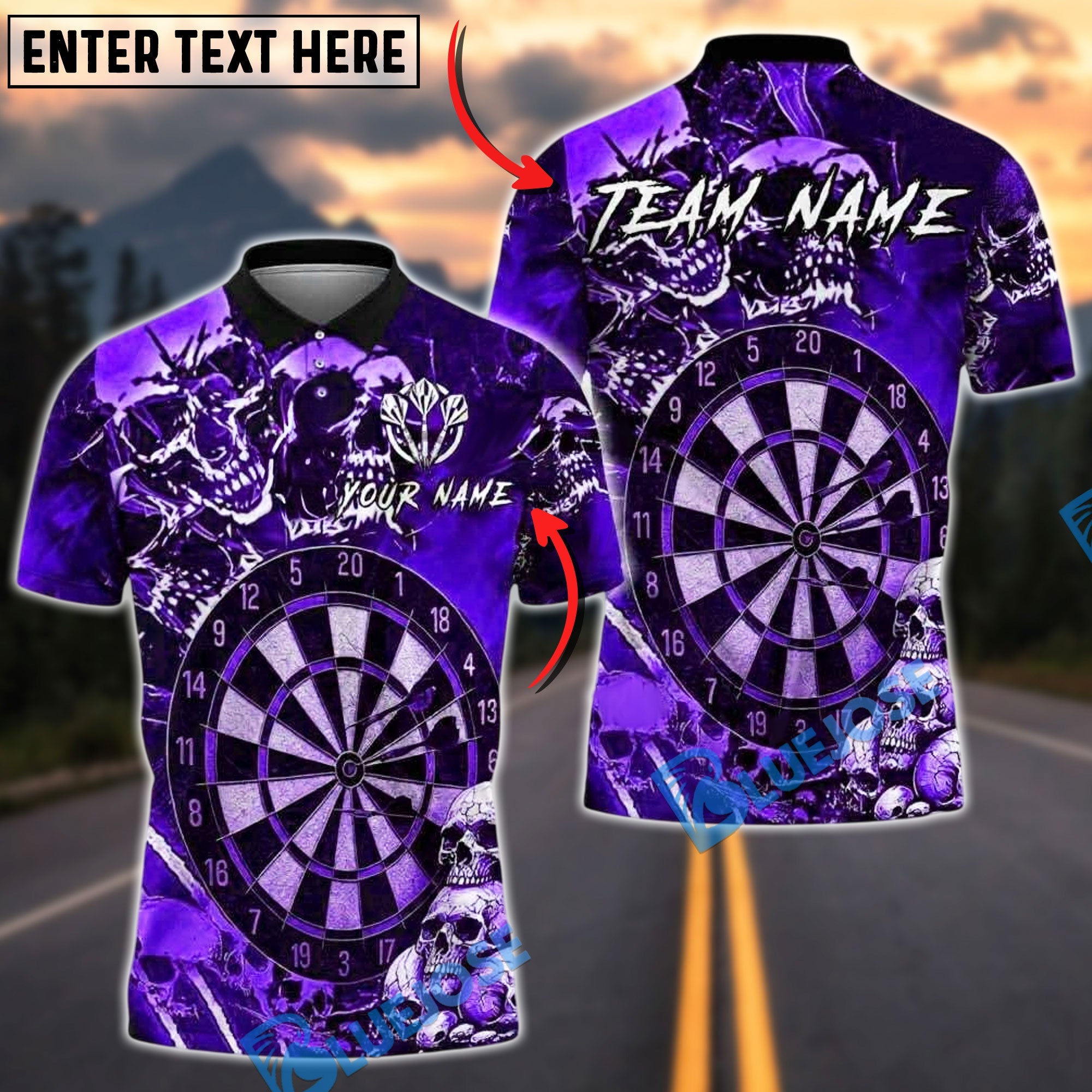 BlueJose Darts Skull Dartboard Personalized Name, Team Name Unisex Shirt (4 Colors)