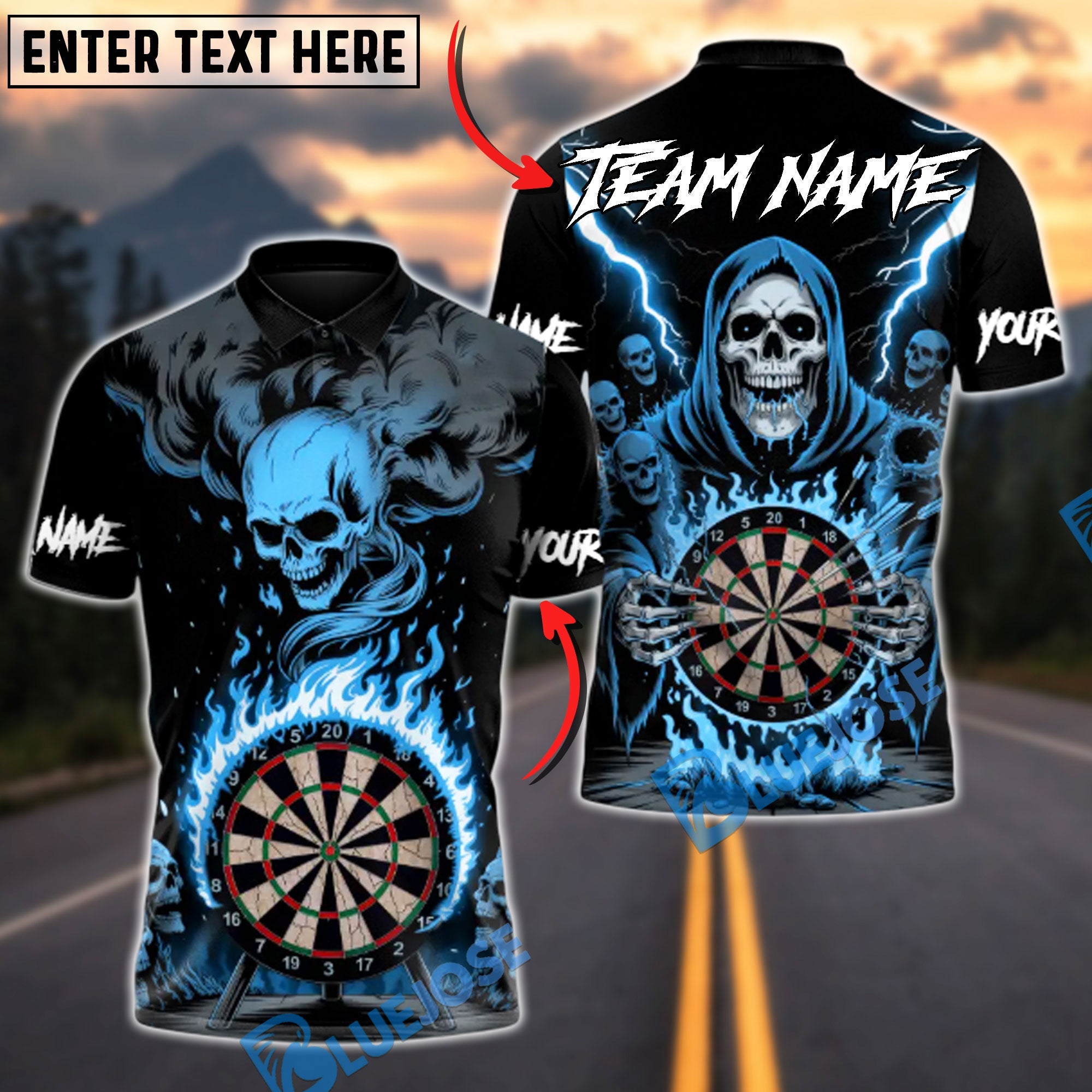 BlueJose Darts Death Mark Personalized Name, Team Name Unisex Shirt (4 Colors)