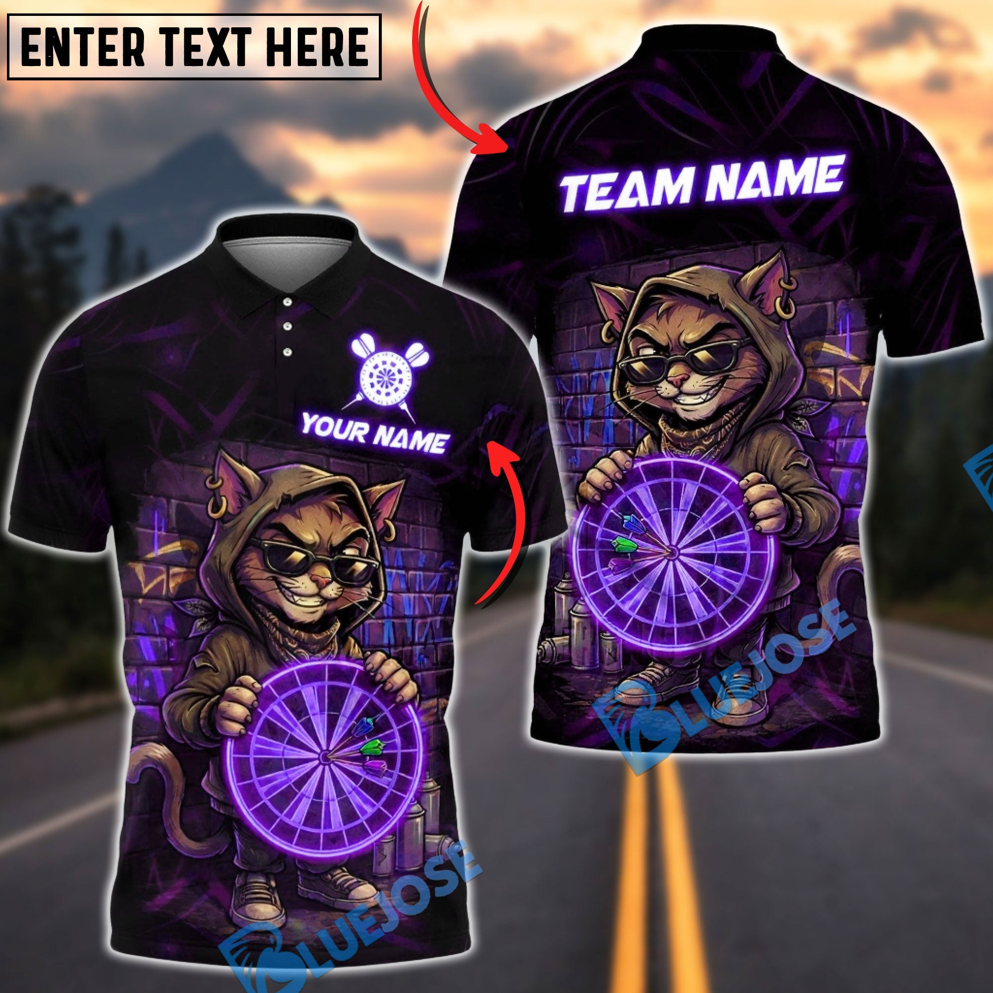 BlueJose Darts Cat Neon Street Art Multicolor Options Personalized Name Shirt (4 Colors)